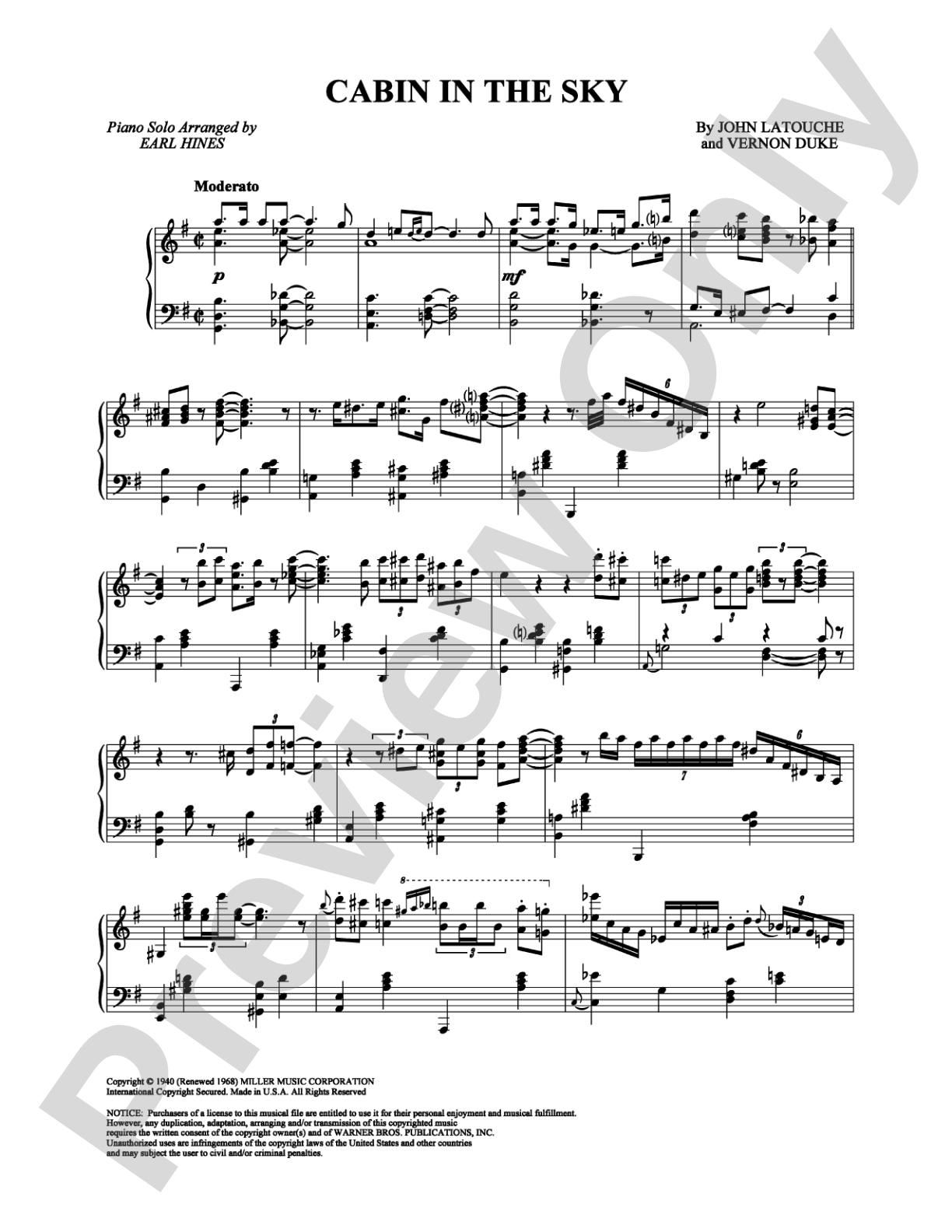 Cabin in the Sky: Piano Digital Sheet Music