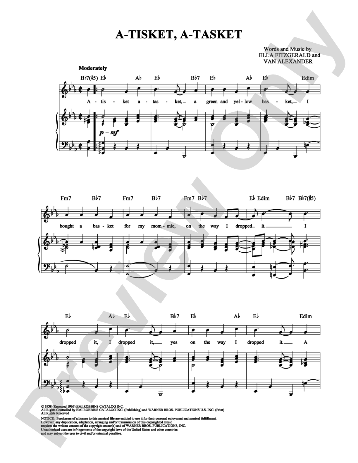 A-Tisket, A-Tasket: Piano/Vocal/Chords Digital Sheet Music