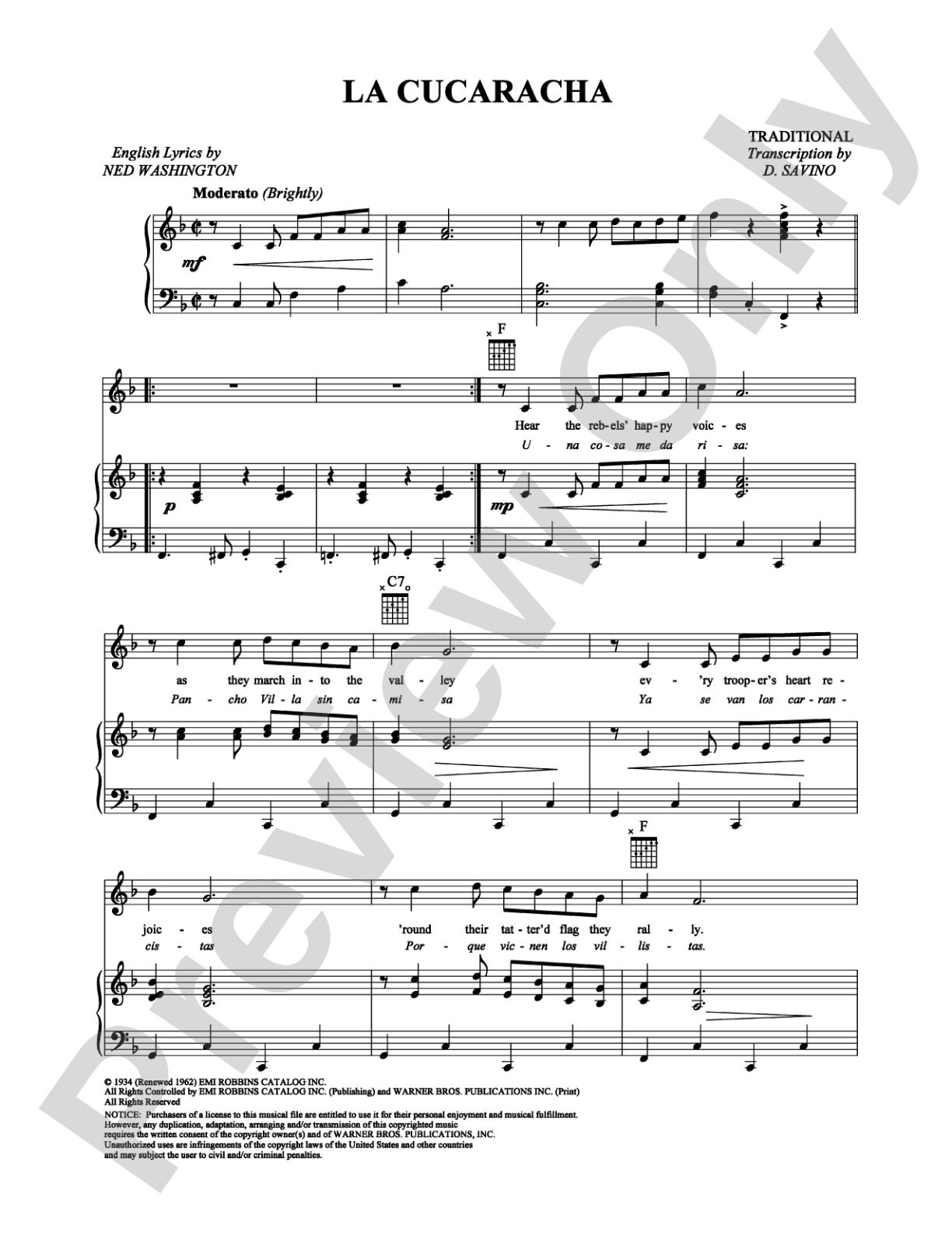 La Cucaracha: Piano/Vocal/Chords Digital Sheet Music