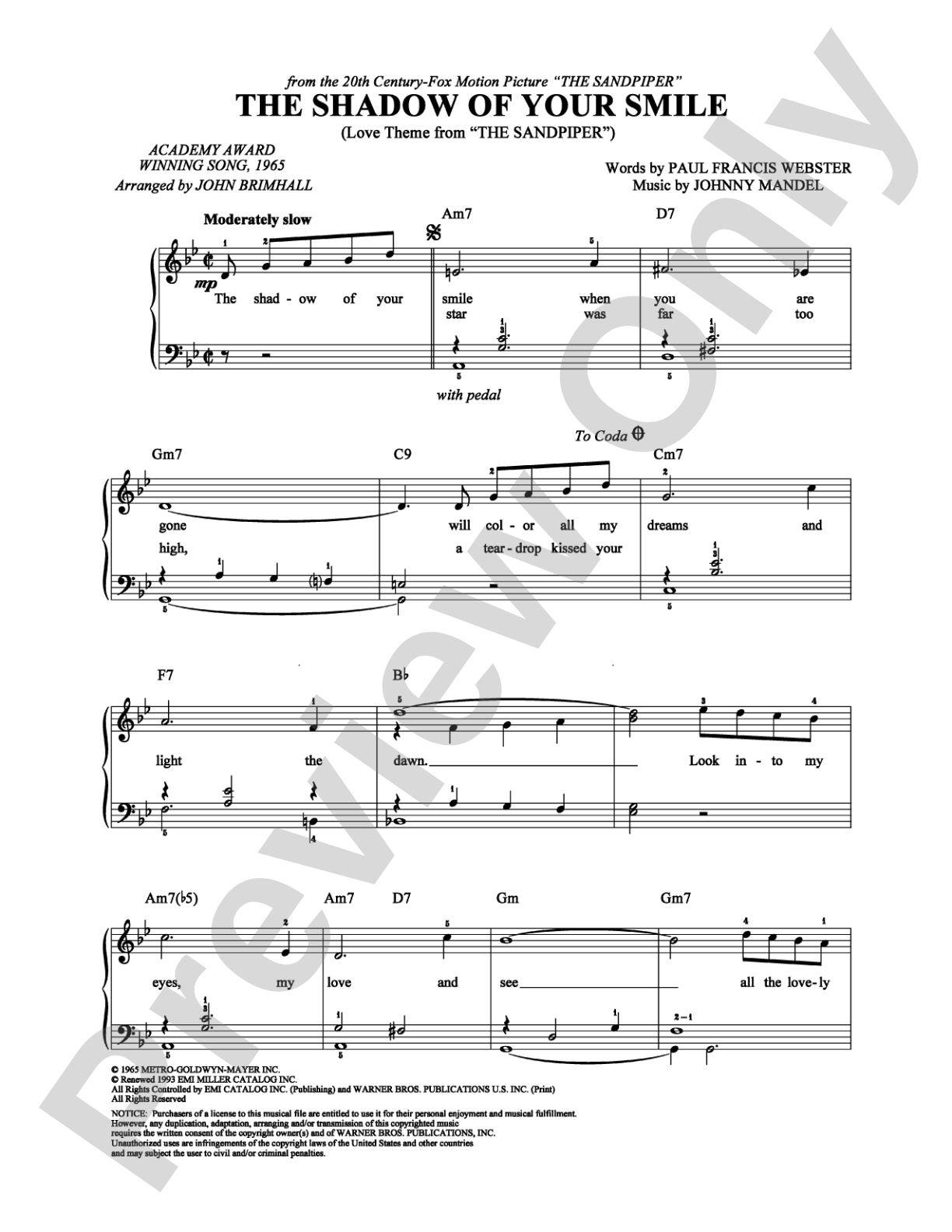 The Shadow of Your Smile: Easy Piano Digital Sheet Music