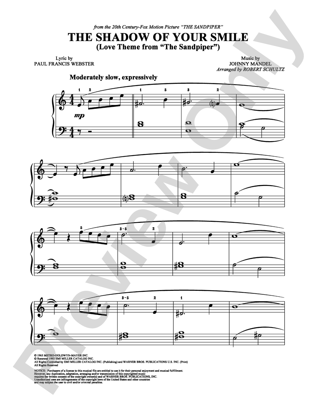 The Shadow Of Your Smile: Easy Piano Digital Sheet Music
