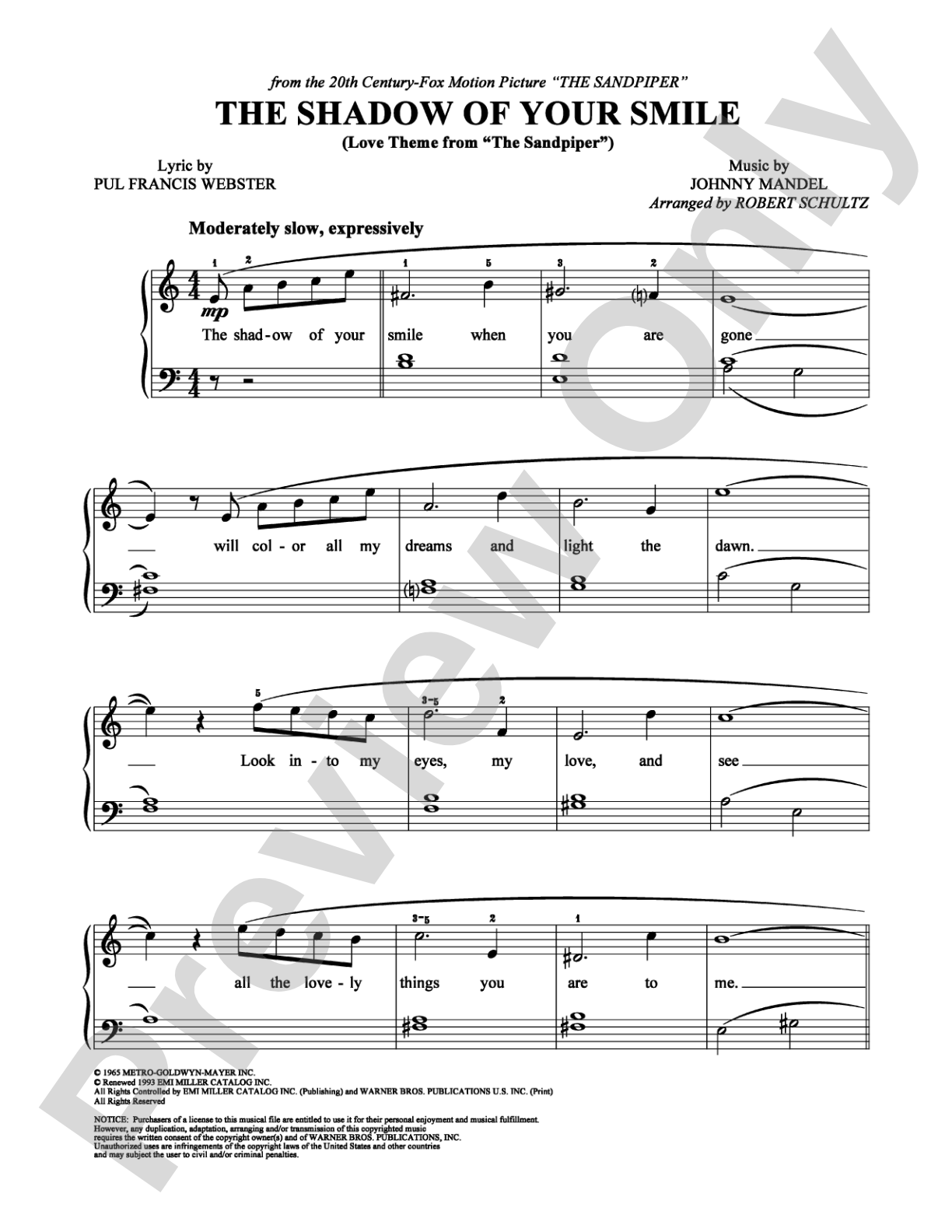 The Shadow of Your Smile (Love Theme from "The Sandpiper"): Easy Piano Digital Sheet Music
