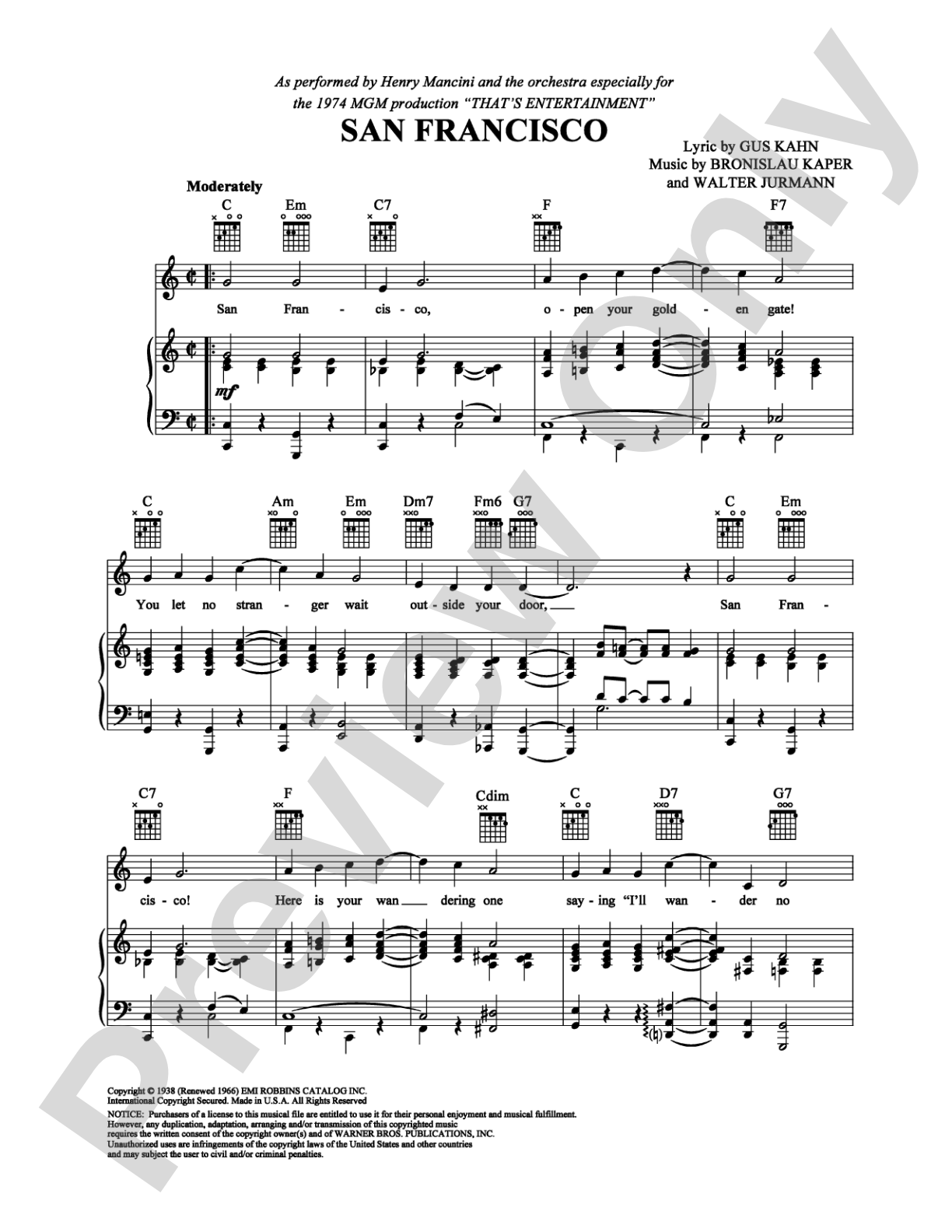 San Francisco: Piano/Vocal/Chords Digital Sheet Music