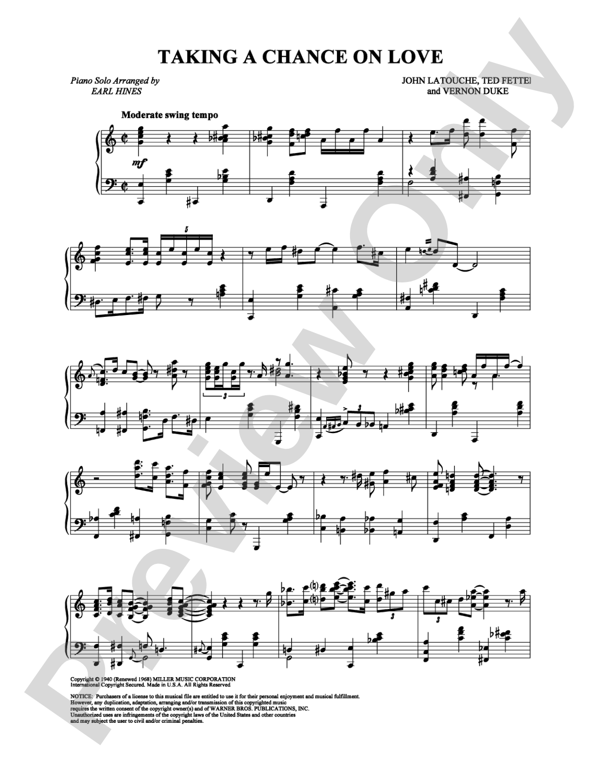 Taking a Chance on Love: Piano Digital Sheet Music