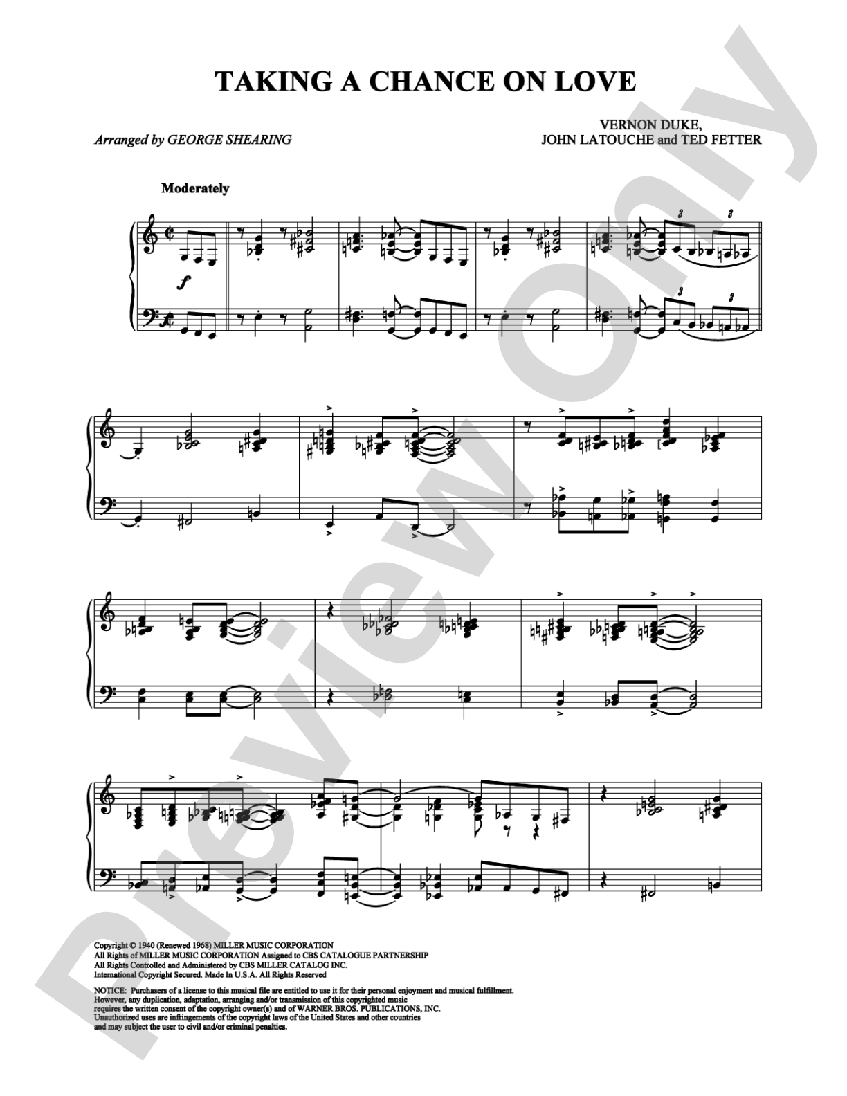 Taking a Chance on Love: Piano Digital Sheet Music