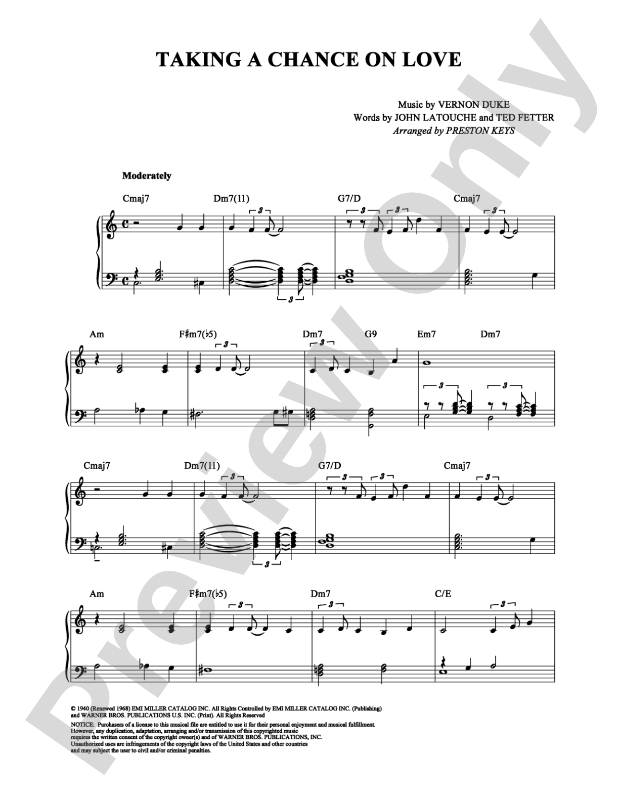 Taking a Chance on Love: Piano Digital Sheet Music