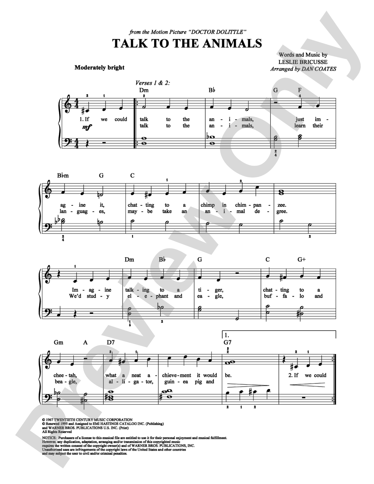 Talk To The Animals: Easy Piano Digital Sheet Music