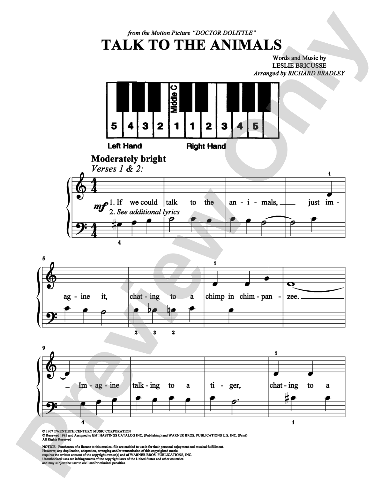 Talk To The Animals: Easy Piano Digital Sheet Music