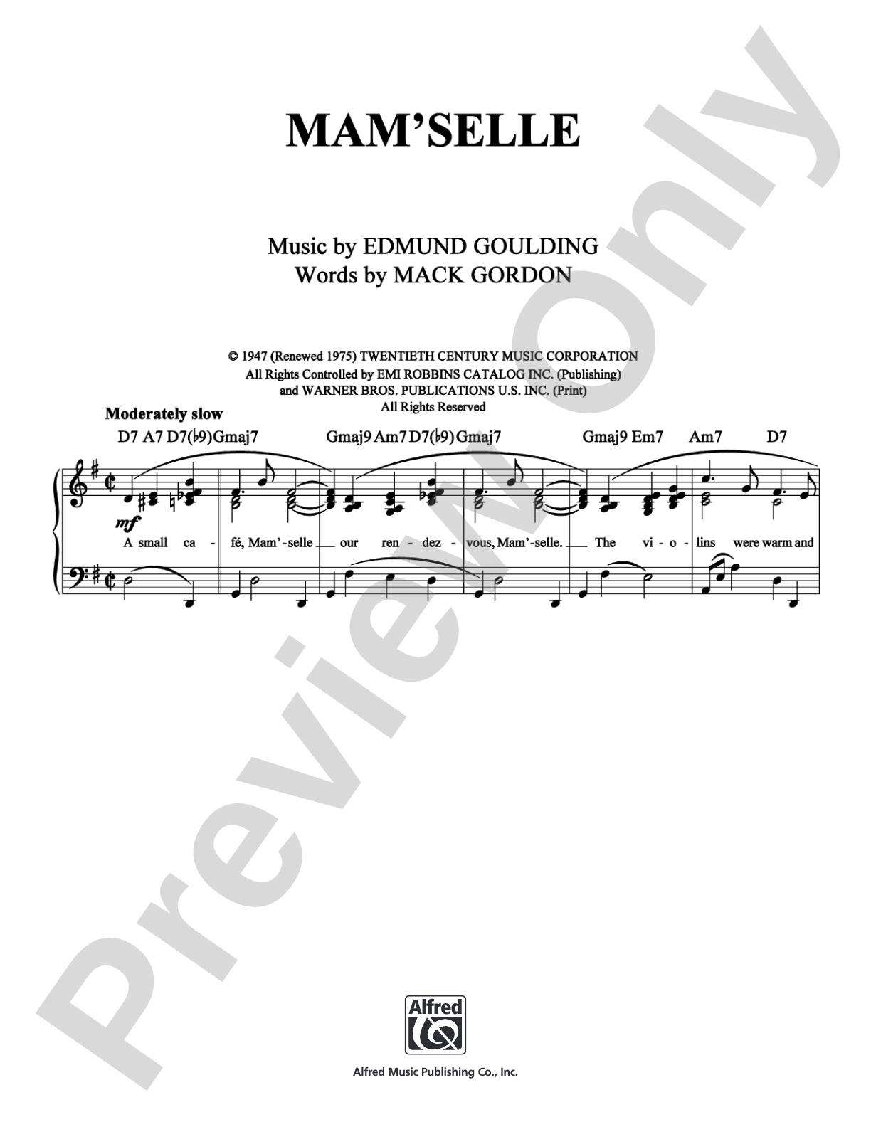 Mam'selle: Piano/Vocal/Chords Digital Sheet Music