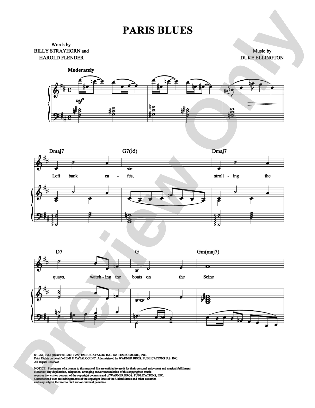 Paris Blues: Piano/Vocal/Chords Digital Sheet Music