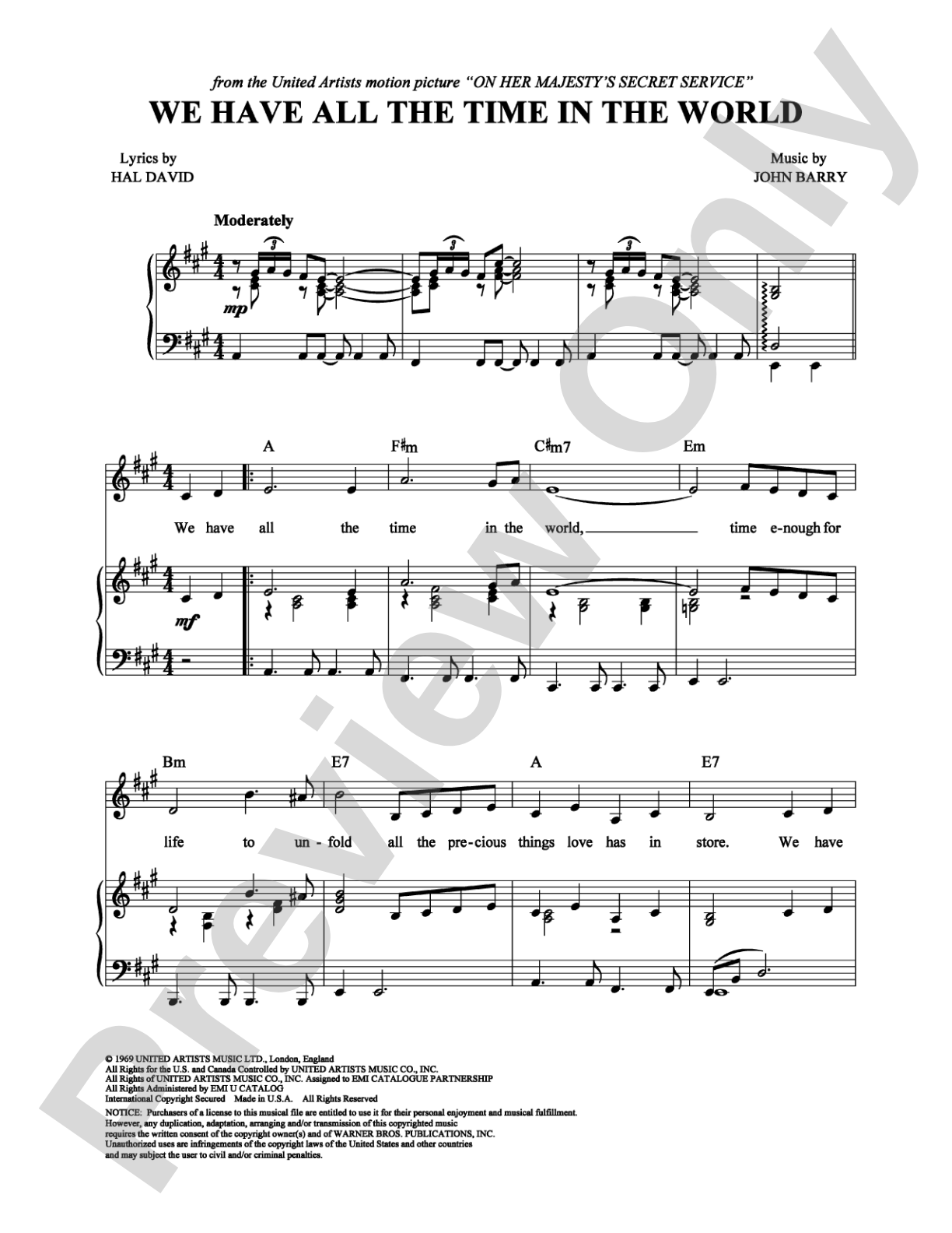 We Have All The Time In The World: Piano/Vocal/Chords Digital Sheet Music