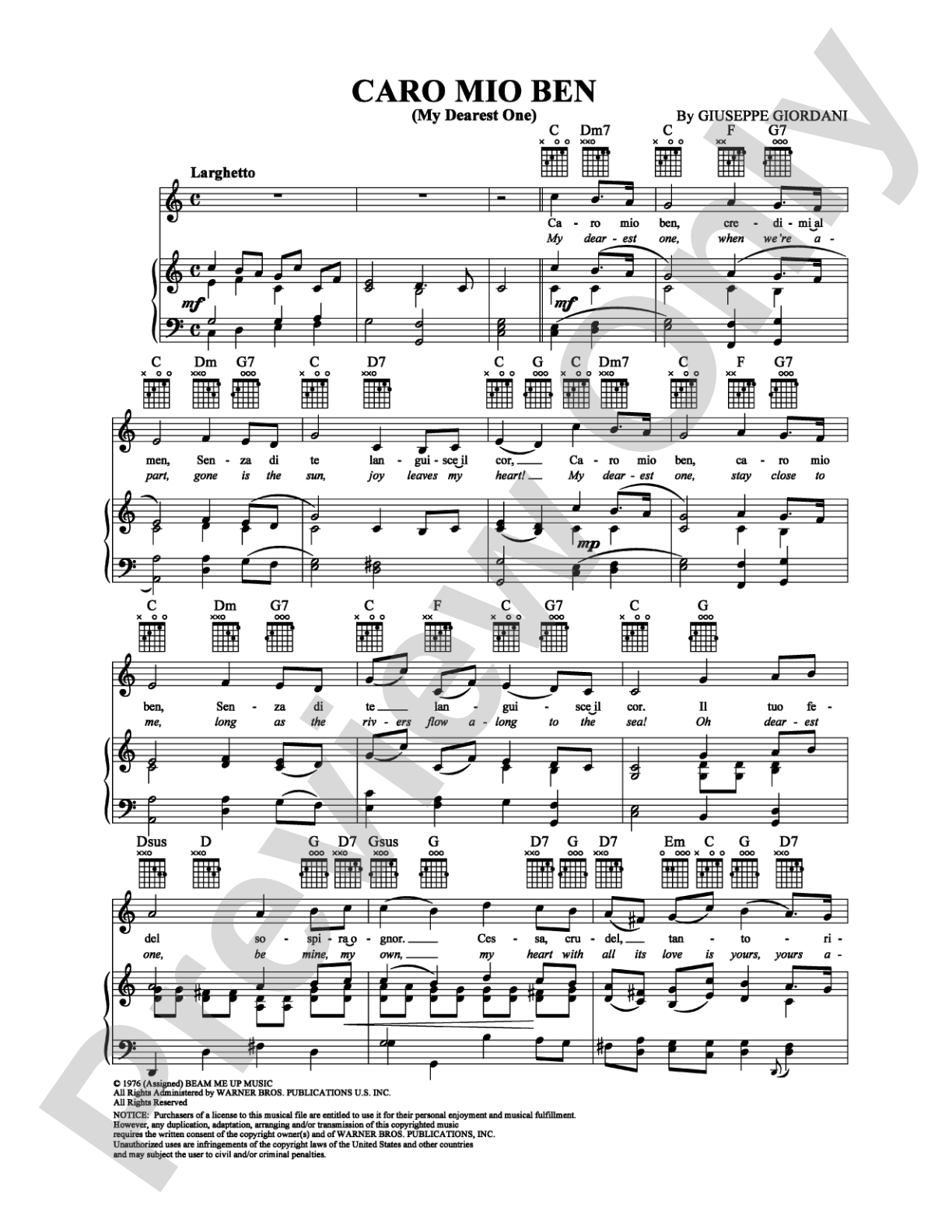 Caro Mio Ben: Piano/Vocal/Chords Digital Sheet Music