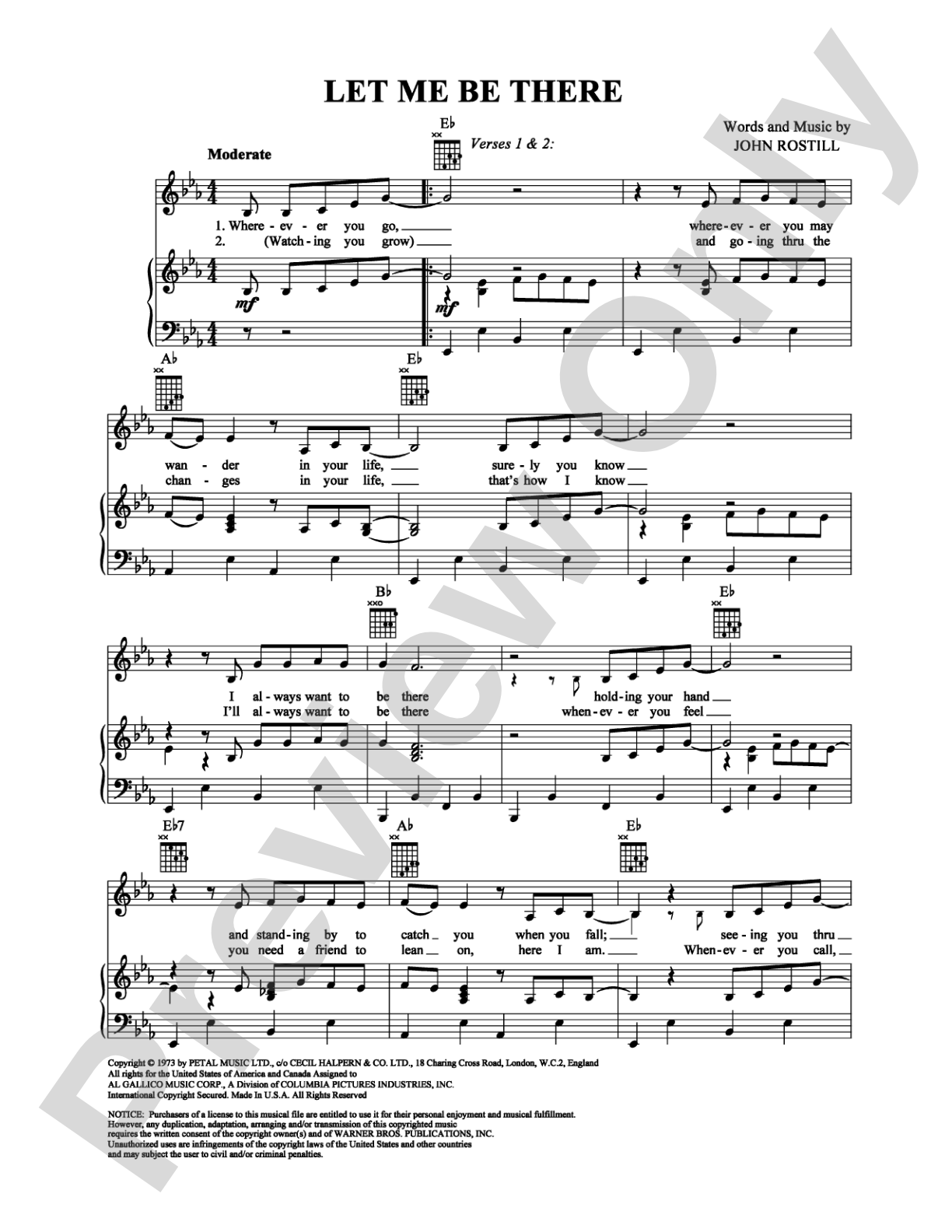 Let Me Be There: Piano/Vocal/Chords Digital Sheet Music