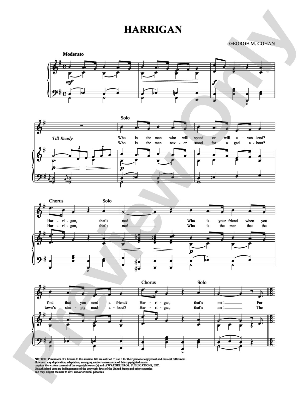 Harrigan: Piano/Vocal/Chords Digital Sheet Music