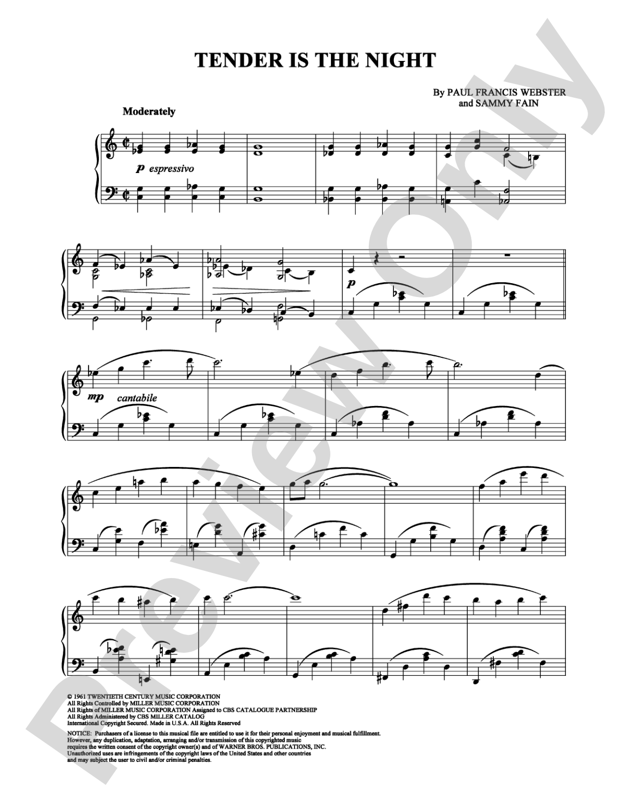 Tender is the Night: Piano Digital Sheet Music