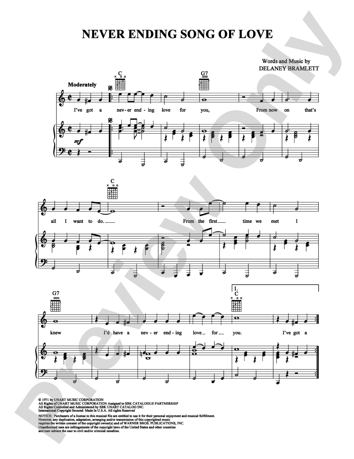 Never Ending Song of Love: Piano/Vocal/Chords Digital Sheet Music