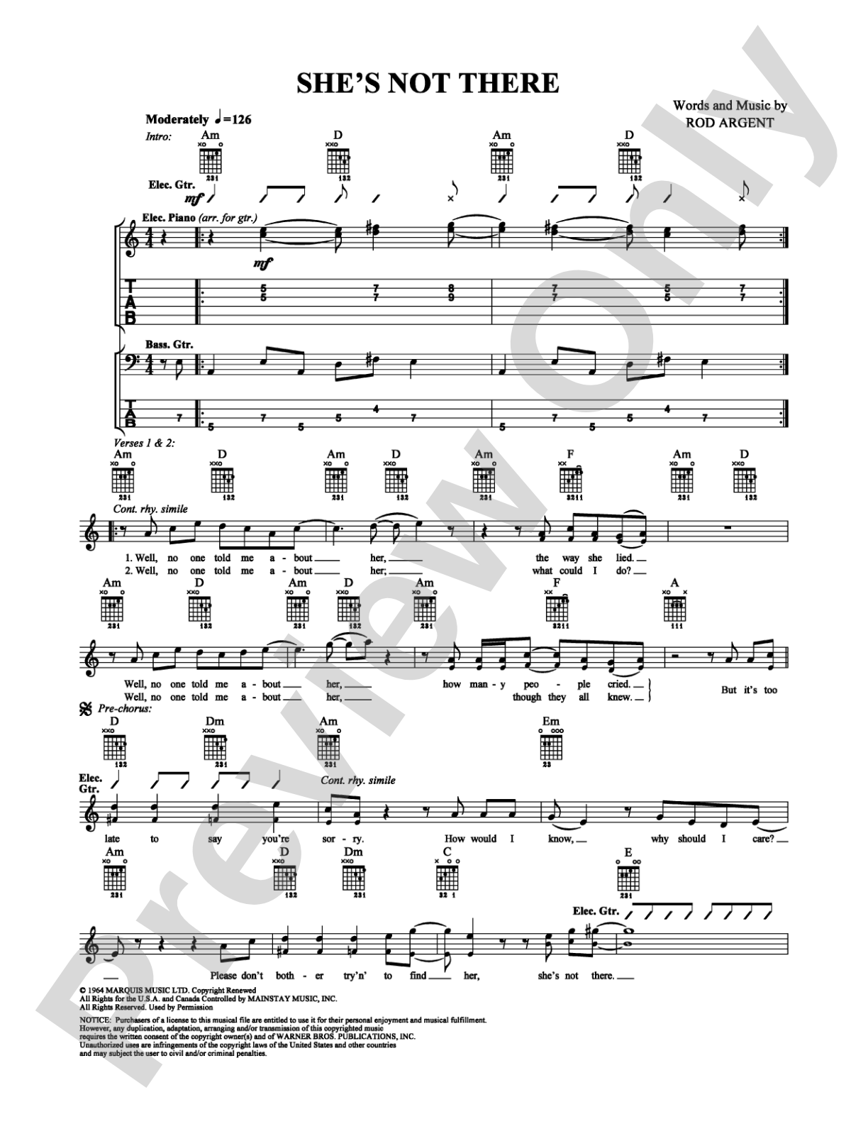 She's Not There: Guitar TAB Digital Sheet Music