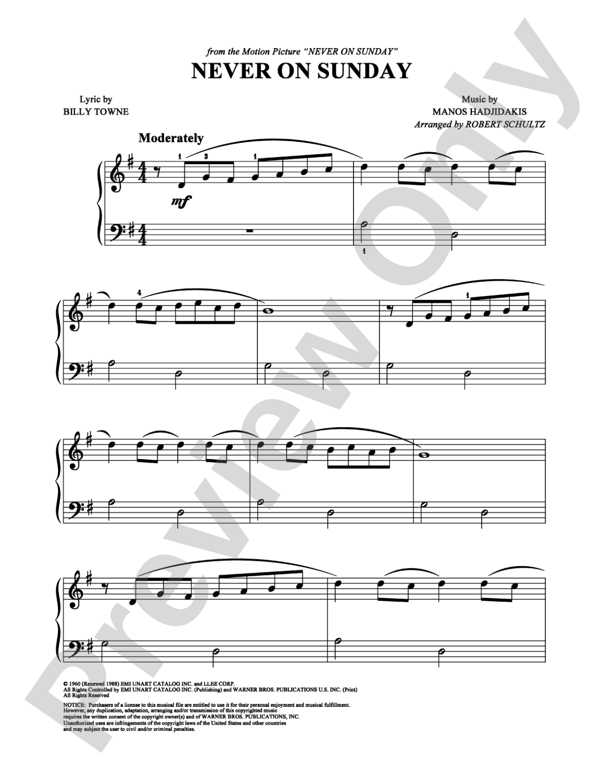 Never On Sunday: Easy Piano Digital Sheet Music