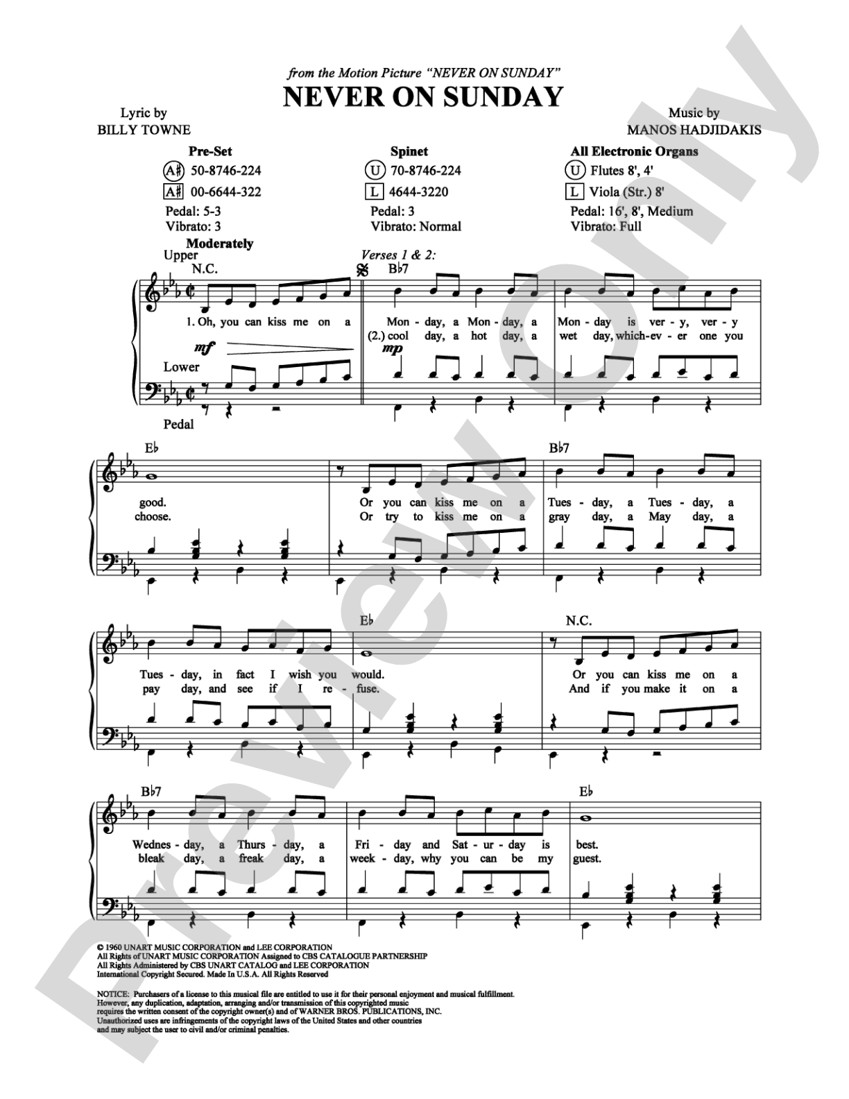 Never on Sunday: Organ Digital Sheet Music