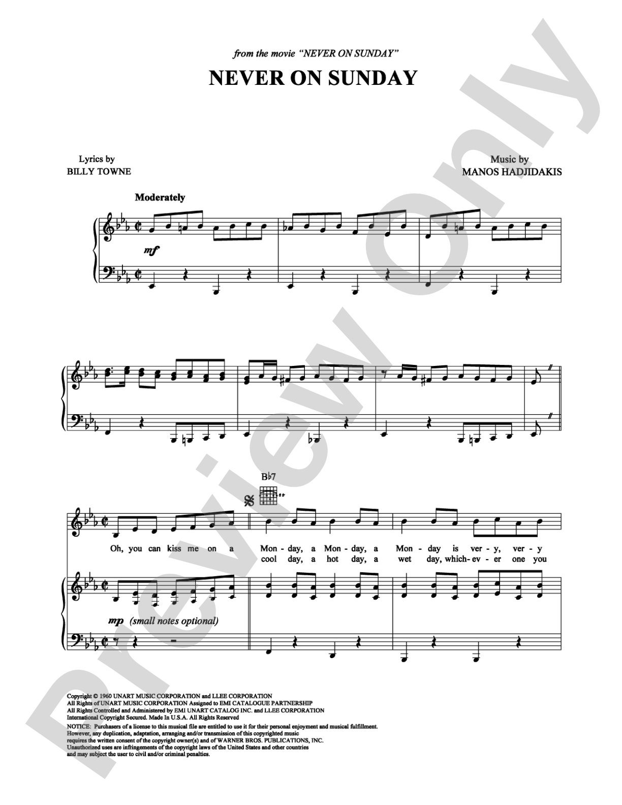 Never On Sunday: Piano/Vocal/Chords Digital Sheet Music