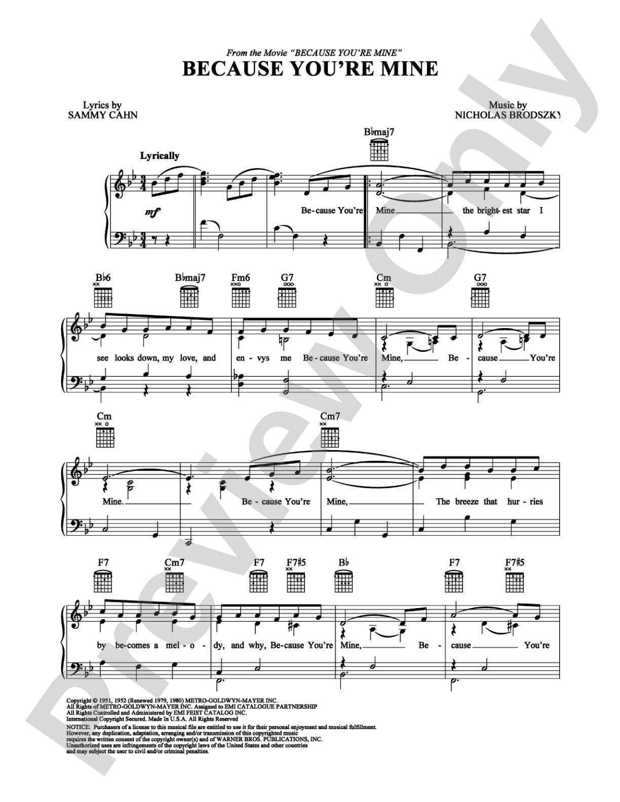 Because You're Mine: Piano/Vocal/Chords Digital Sheet Music