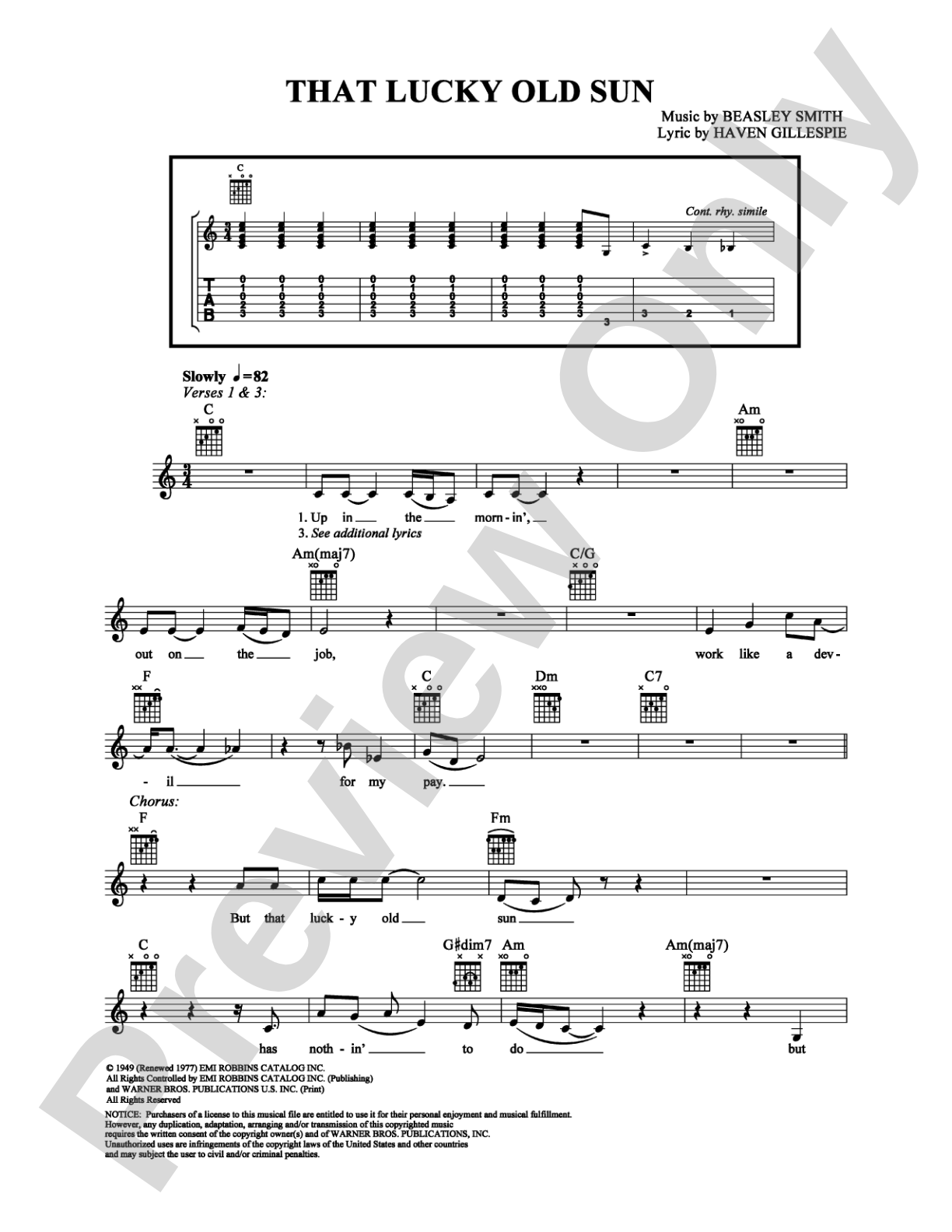 That Lucky Old Sun: Easy Guitar Digital Sheet Music