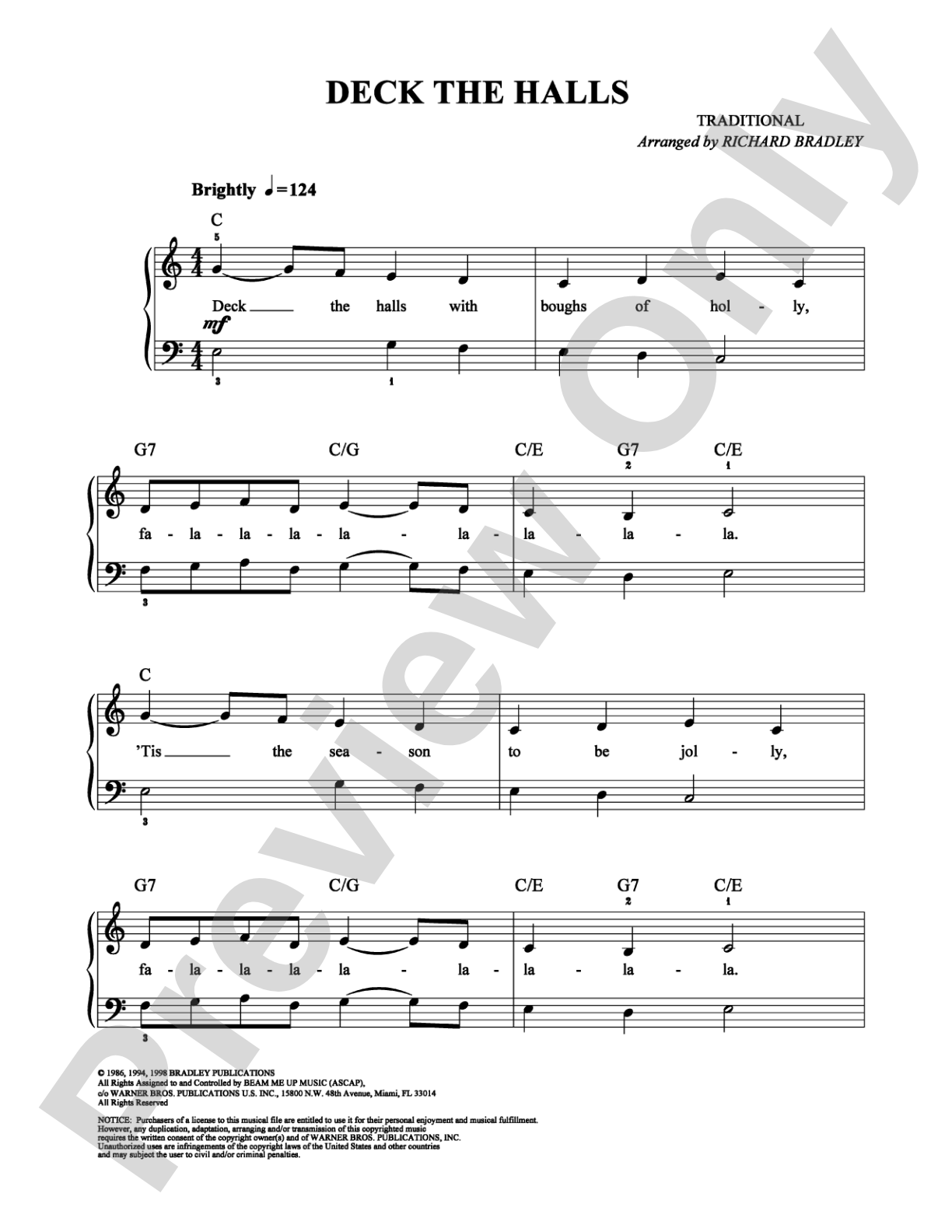 Deck the Halls: Easy Piano Digital Sheet Music