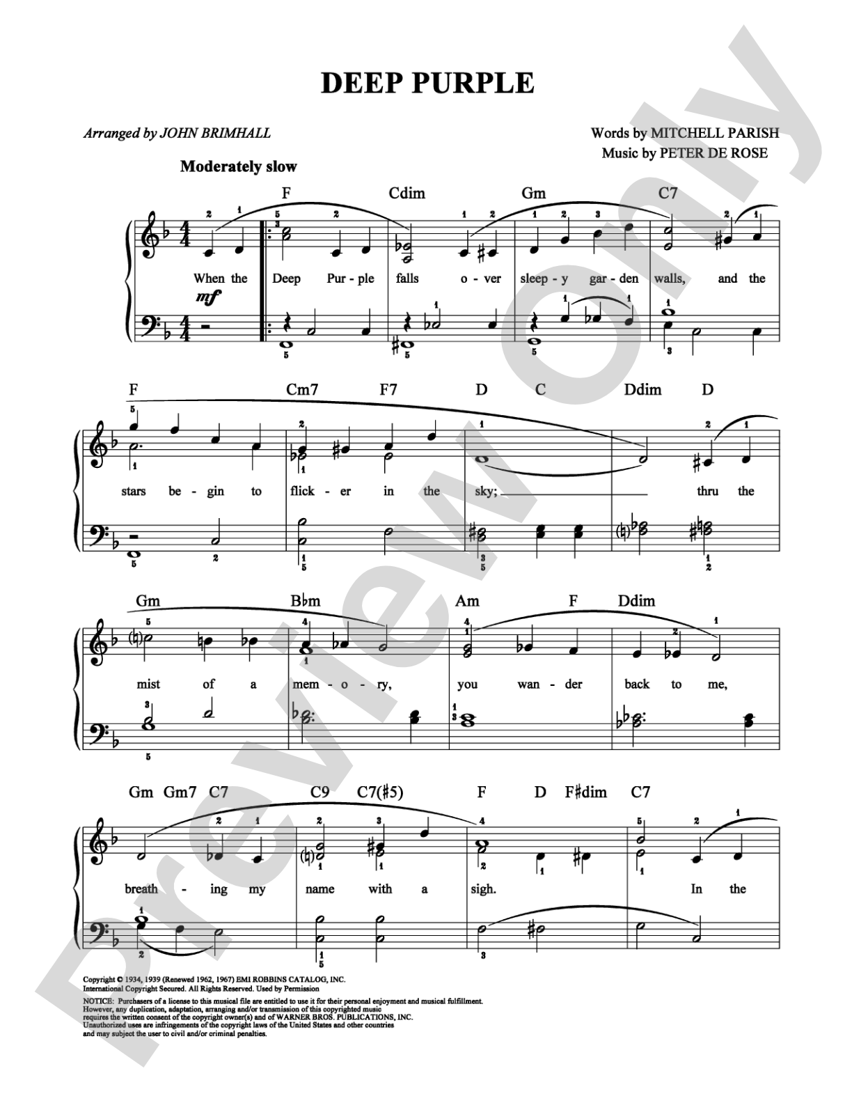 Deep Purple: Easy Piano Digital Sheet Music
