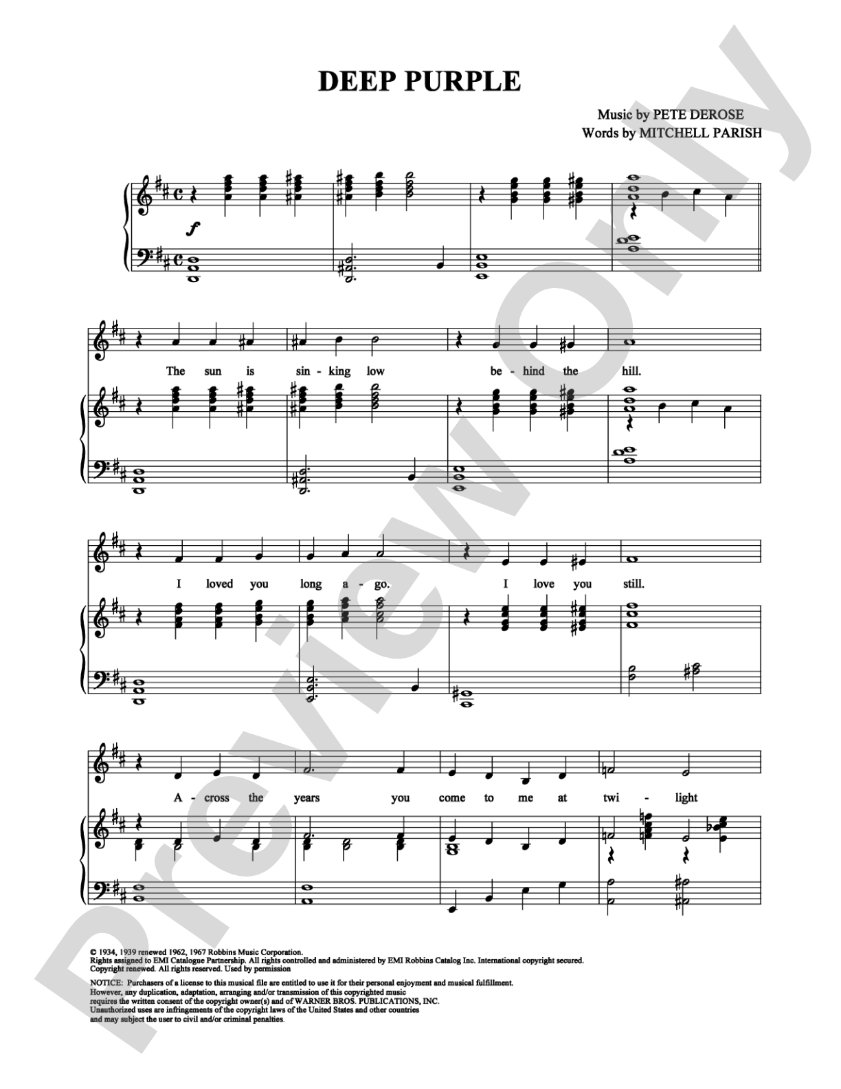 Deep Purple: Piano/Vocal/Chords Digital Sheet Music