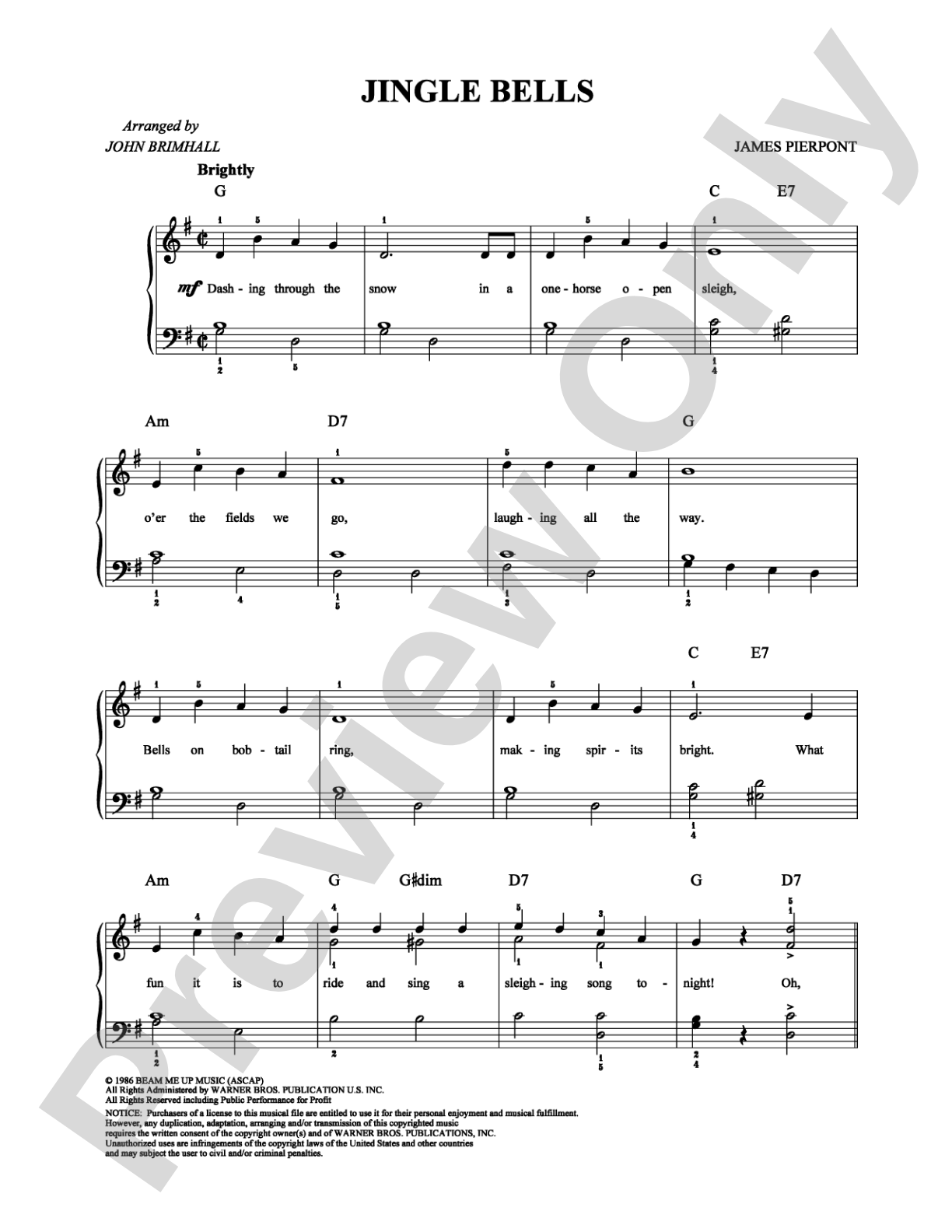 Jingle Bells: Easy Piano Digital Sheet Music