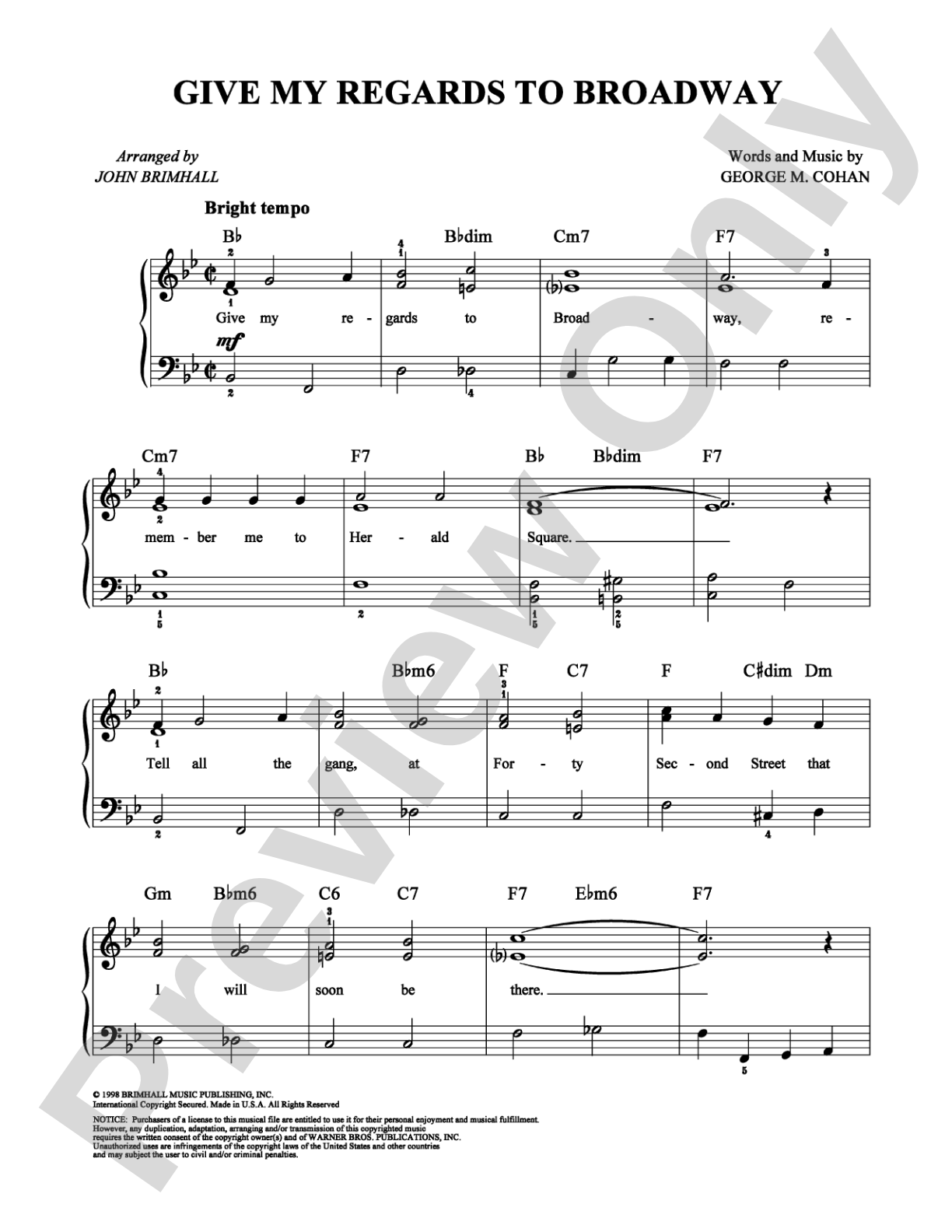 Give My Regards to Broadway: Easy Piano Digital Sheet Music
