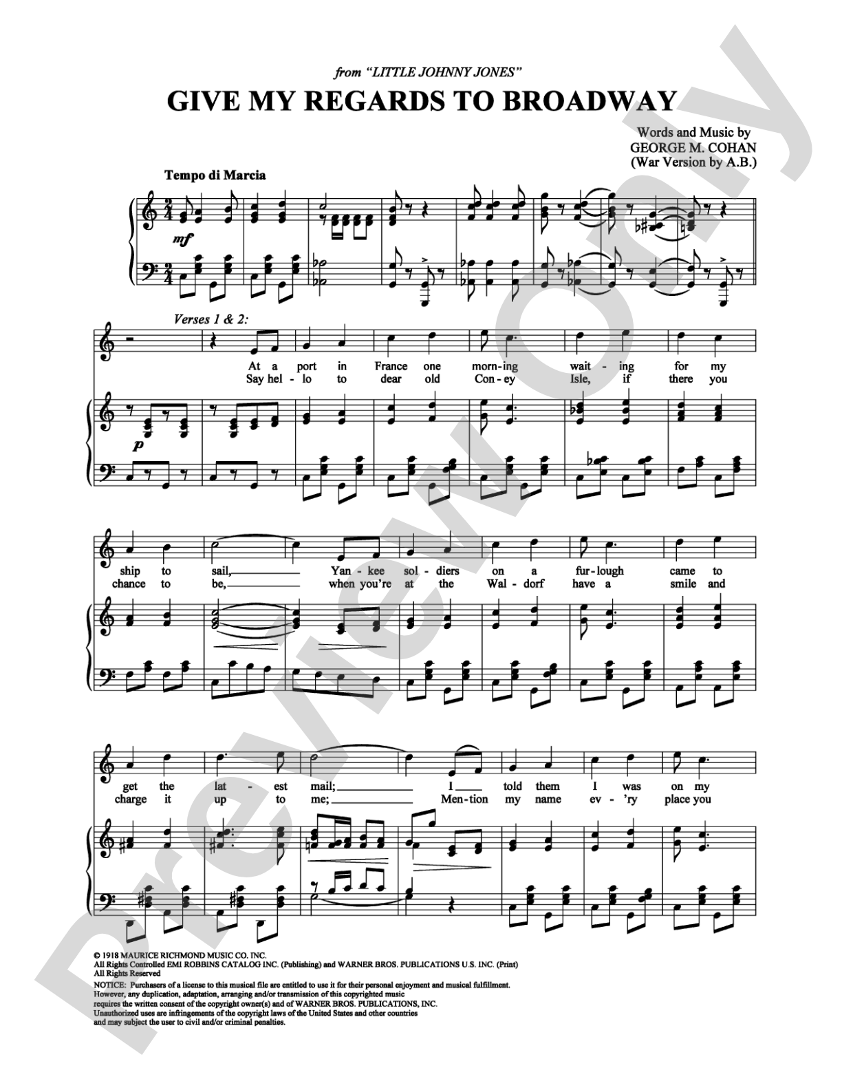 Give My Regards to Broadway: Piano/Vocal/Chords Digital Sheet Music