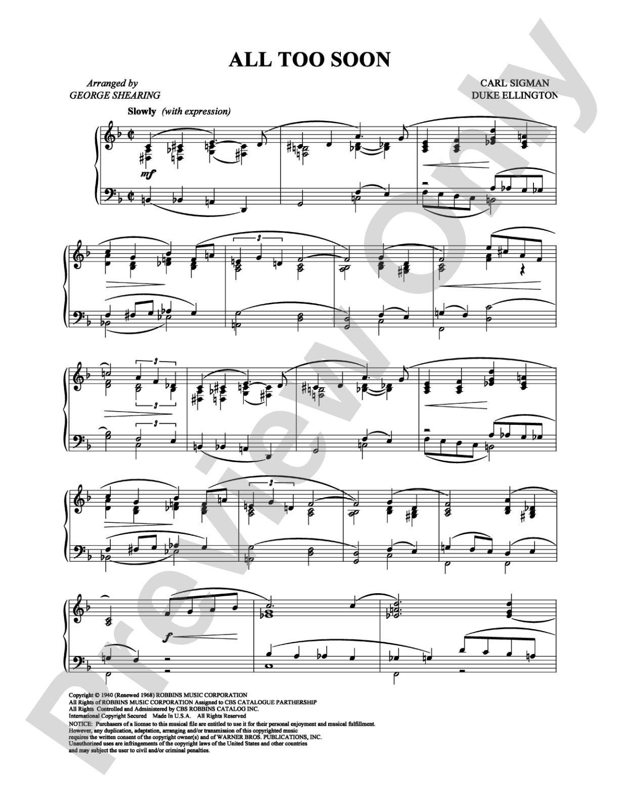 All Too Soon: Piano Digital Sheet Music