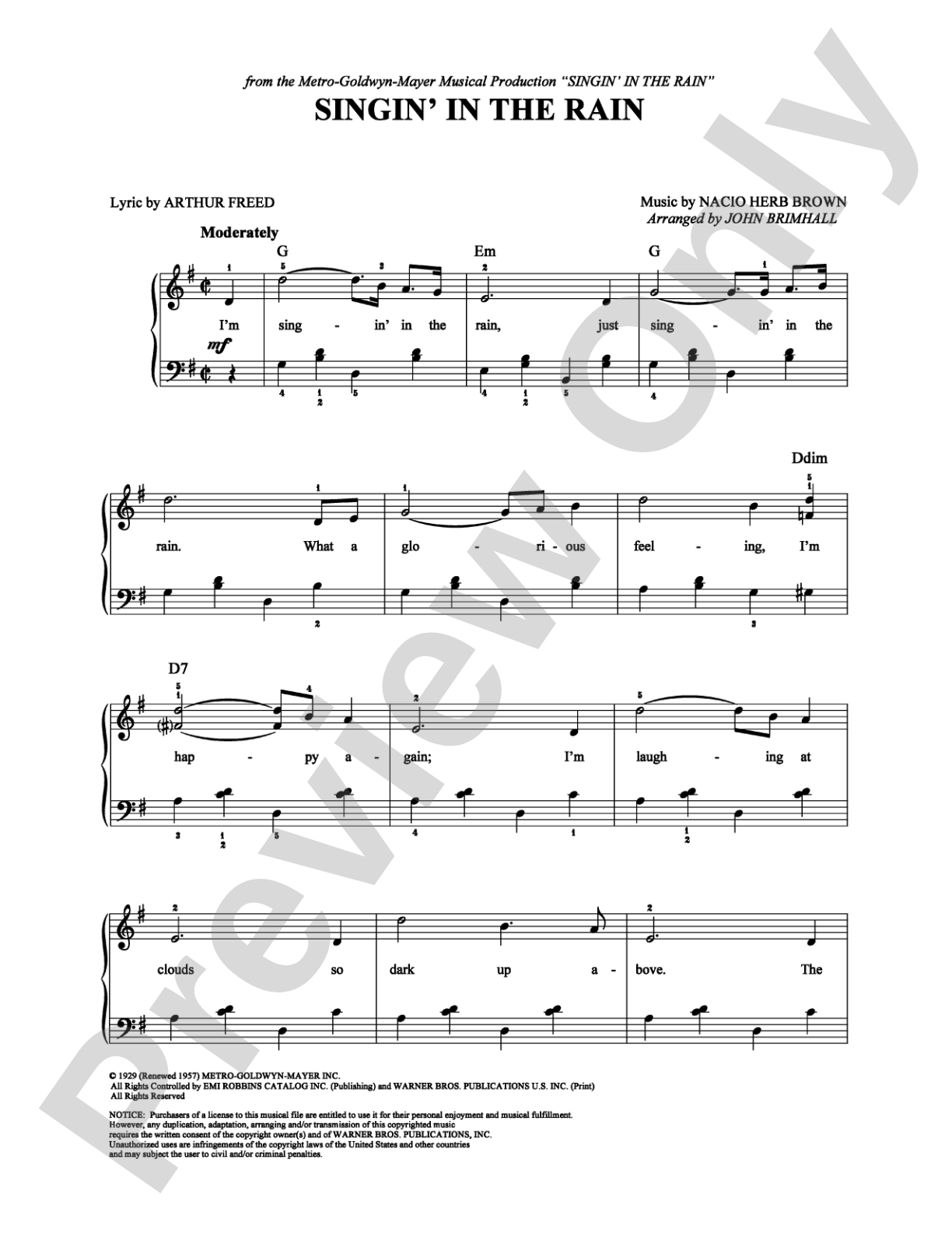 Singin' In The Rain: Easy Piano Digital Sheet Music