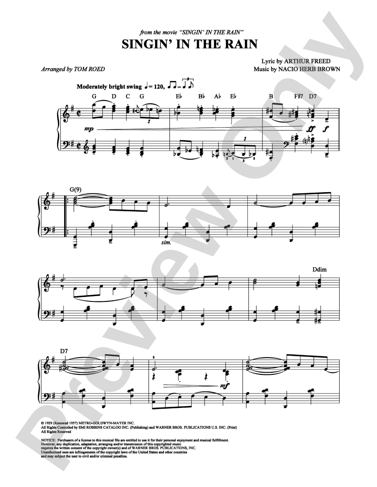 Singin' In The Rain: Piano Digital Sheet Music