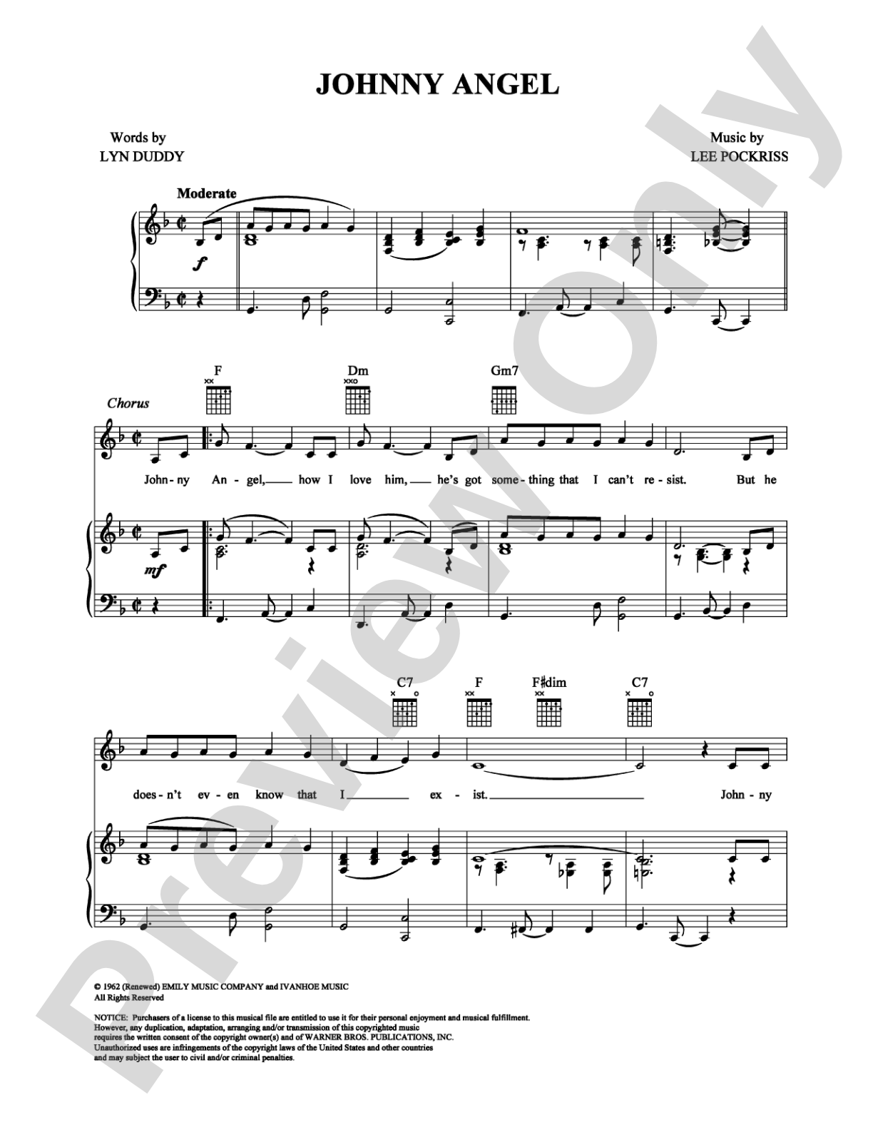 Johnny Angel: Piano/Vocal/Chords Digital Sheet Music