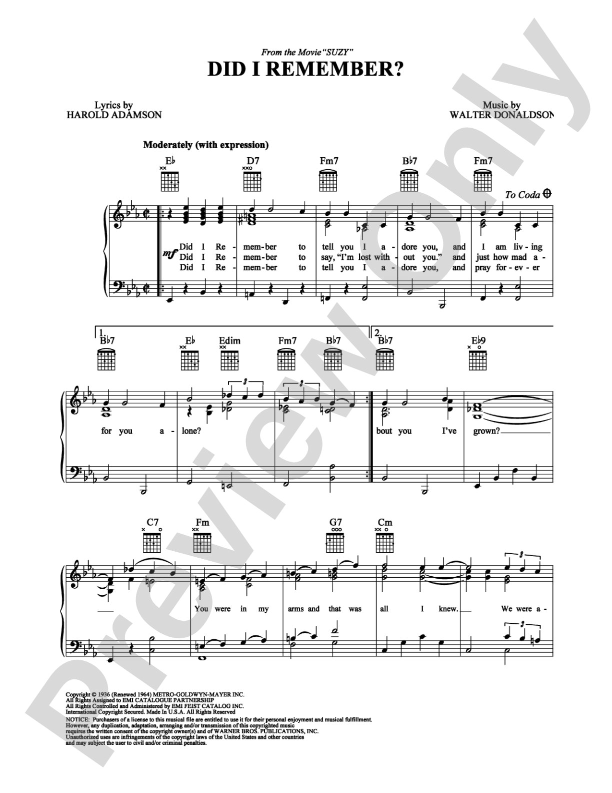 Did I Remember?: Piano/Vocal/Chords Digital Sheet Music