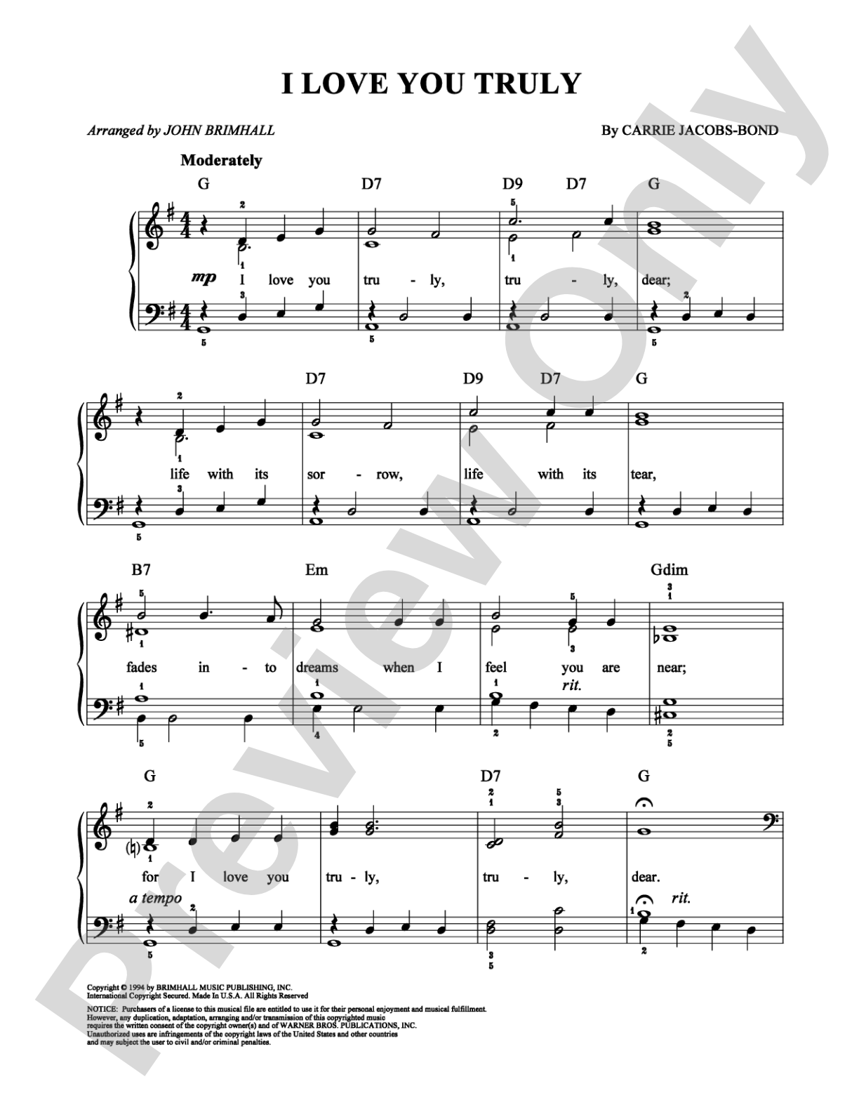I Love You Truly: Piano/Vocal/Chords Digital Sheet Music