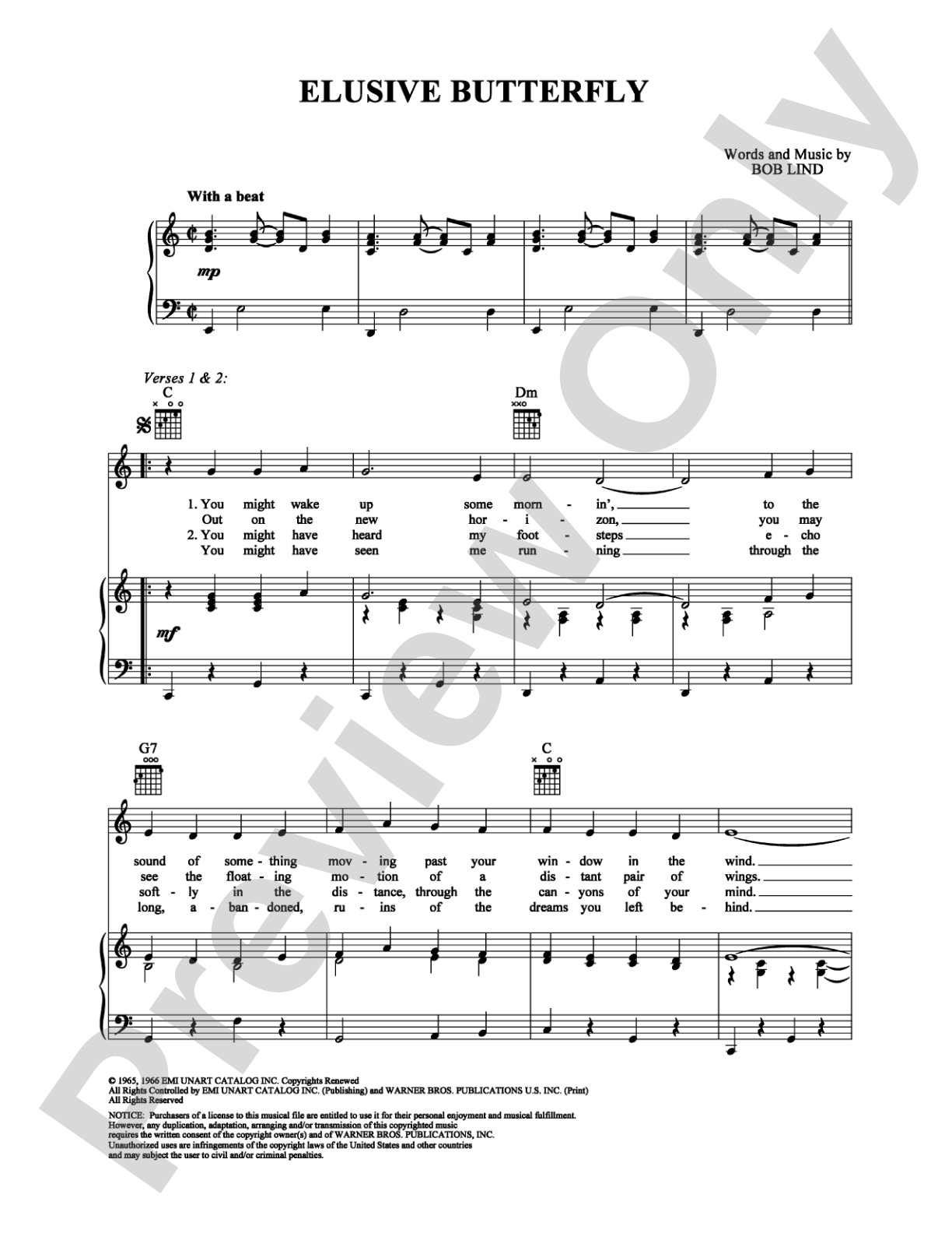 Elusive Butterfly: Piano/Vocal/Chords Digital Sheet Music
