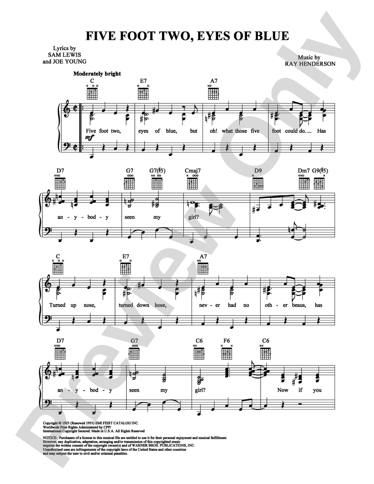 Five Foot Two, Eyes of Blue: Piano/Vocal/Chords Digital Sheet Music