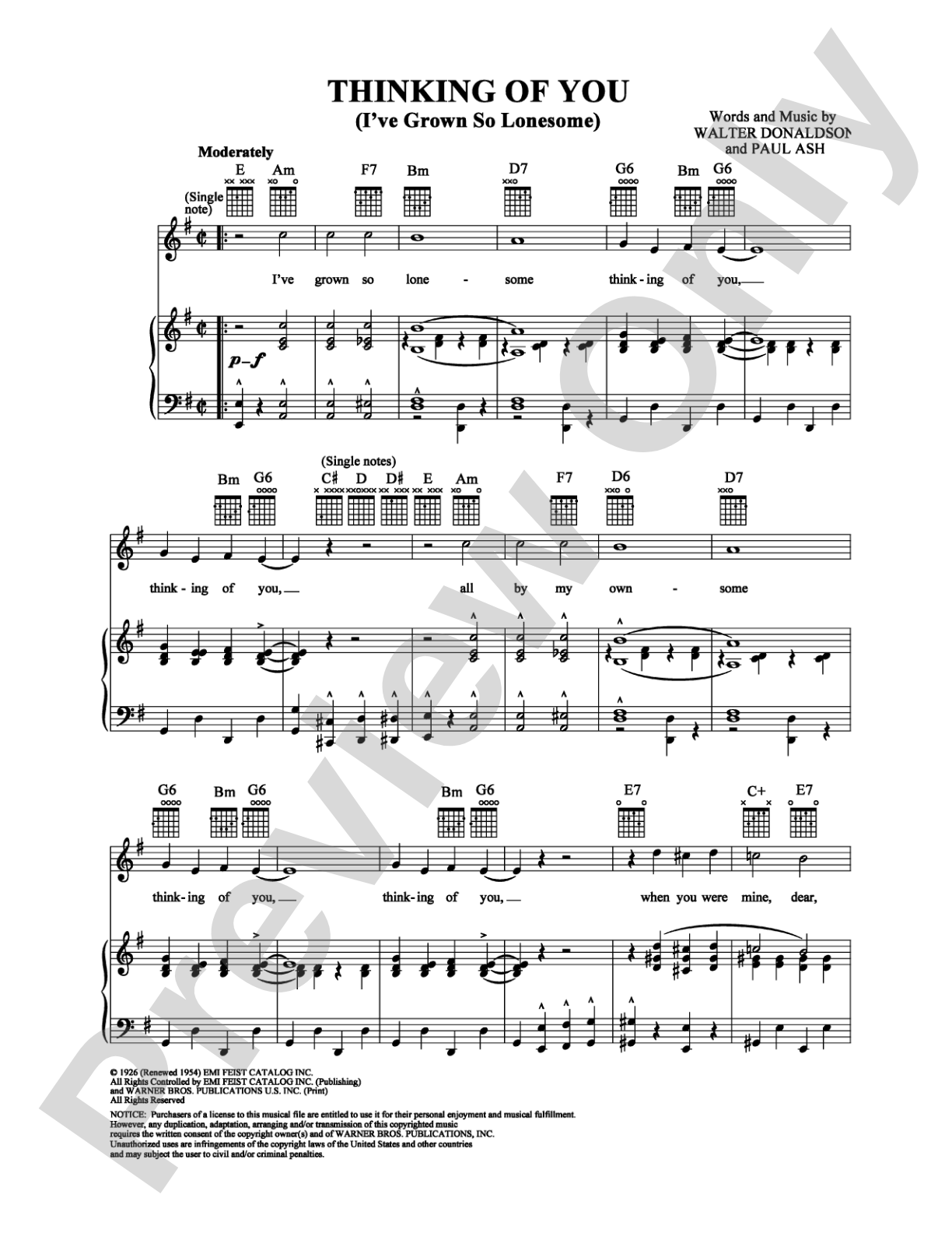 Thinking of You (I've Grown So Lonesome): Piano/Vocal/Chords Digital Sheet Music
