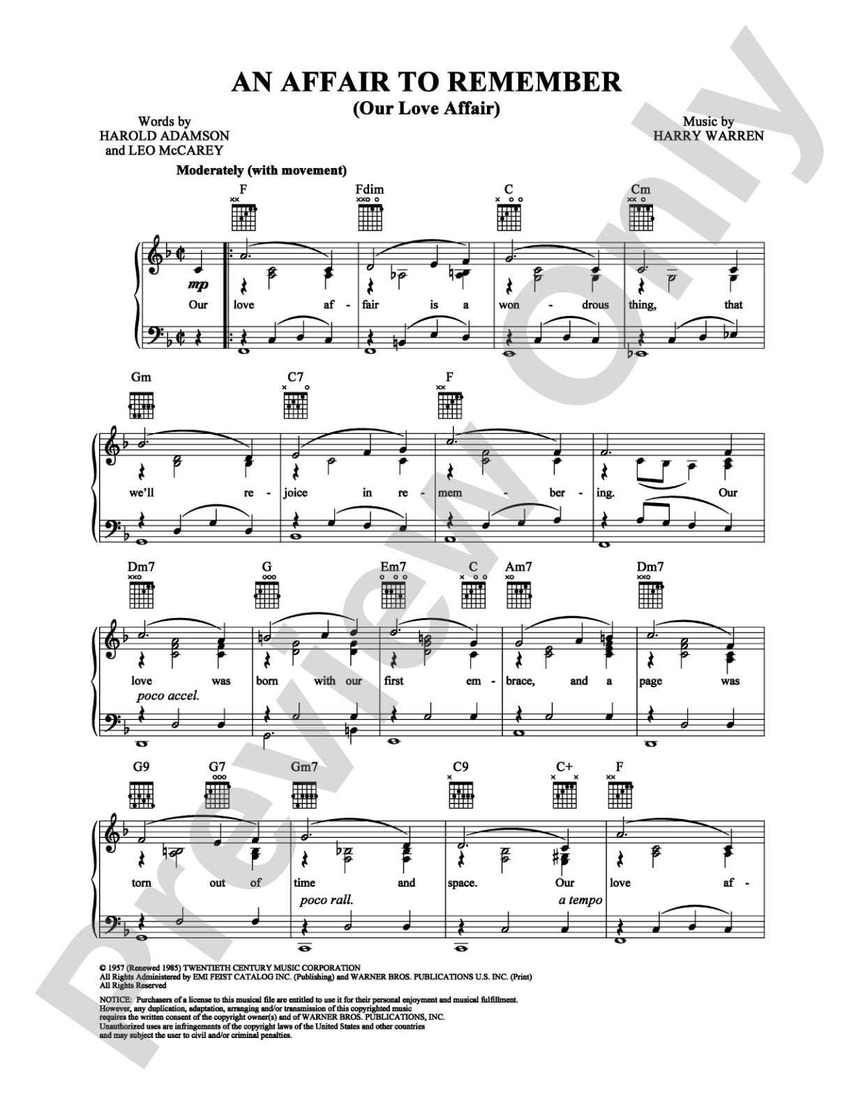 An Affair to Remember (Our Love Affair): Piano/Vocal/Chords Digital Sheet Music