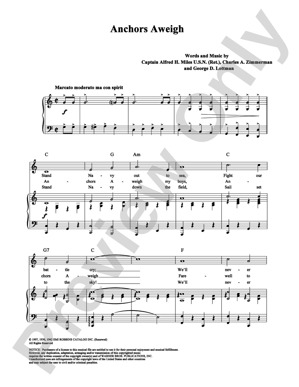 Anchors Aweigh: Piano/Vocal/Chords Digital Sheet Music