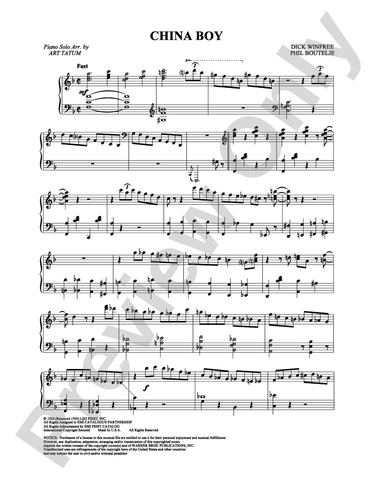 China Boy: Piano Digital Sheet Music