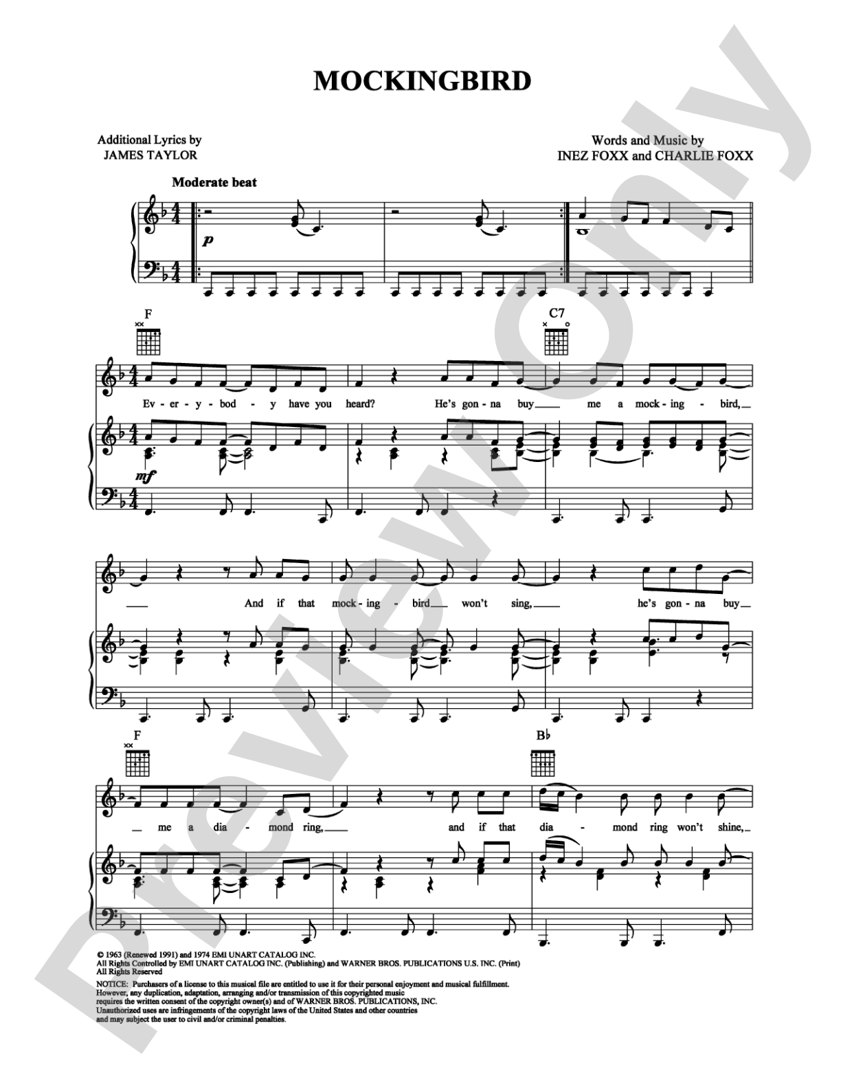 Mockingbird: Piano/Vocal/Chords Digital Sheet Music