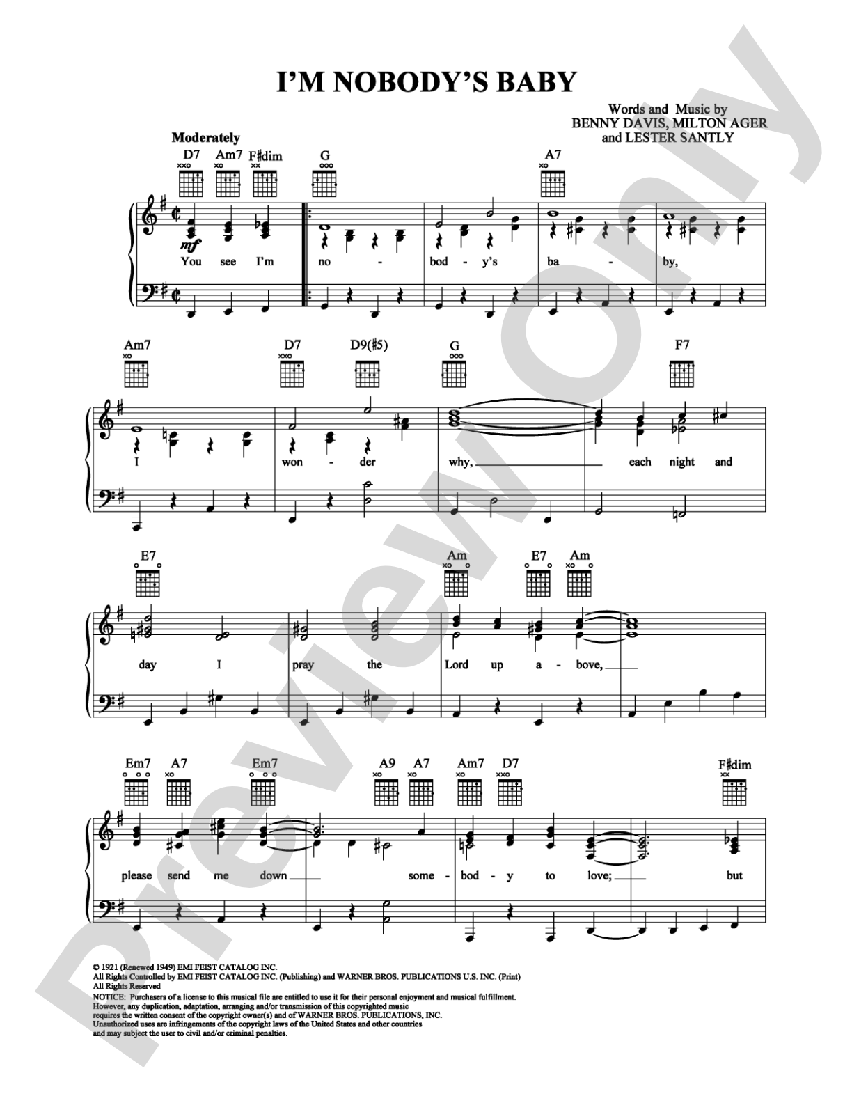 I'm Nobody's Baby: Piano/Vocal/Chords Digital Sheet Music