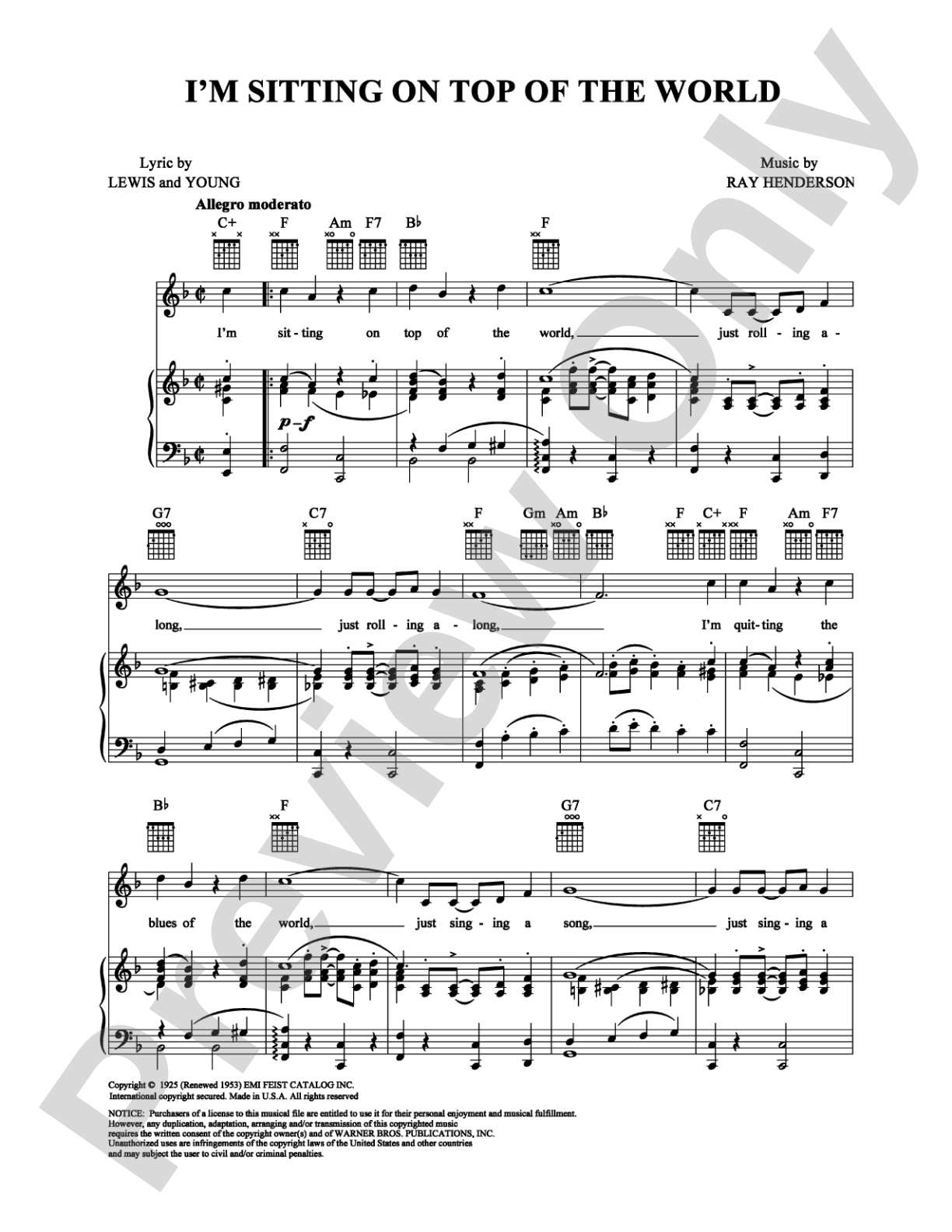 I'm Sitting on Top of the World: Piano/Vocal/Chords Digital Sheet Music