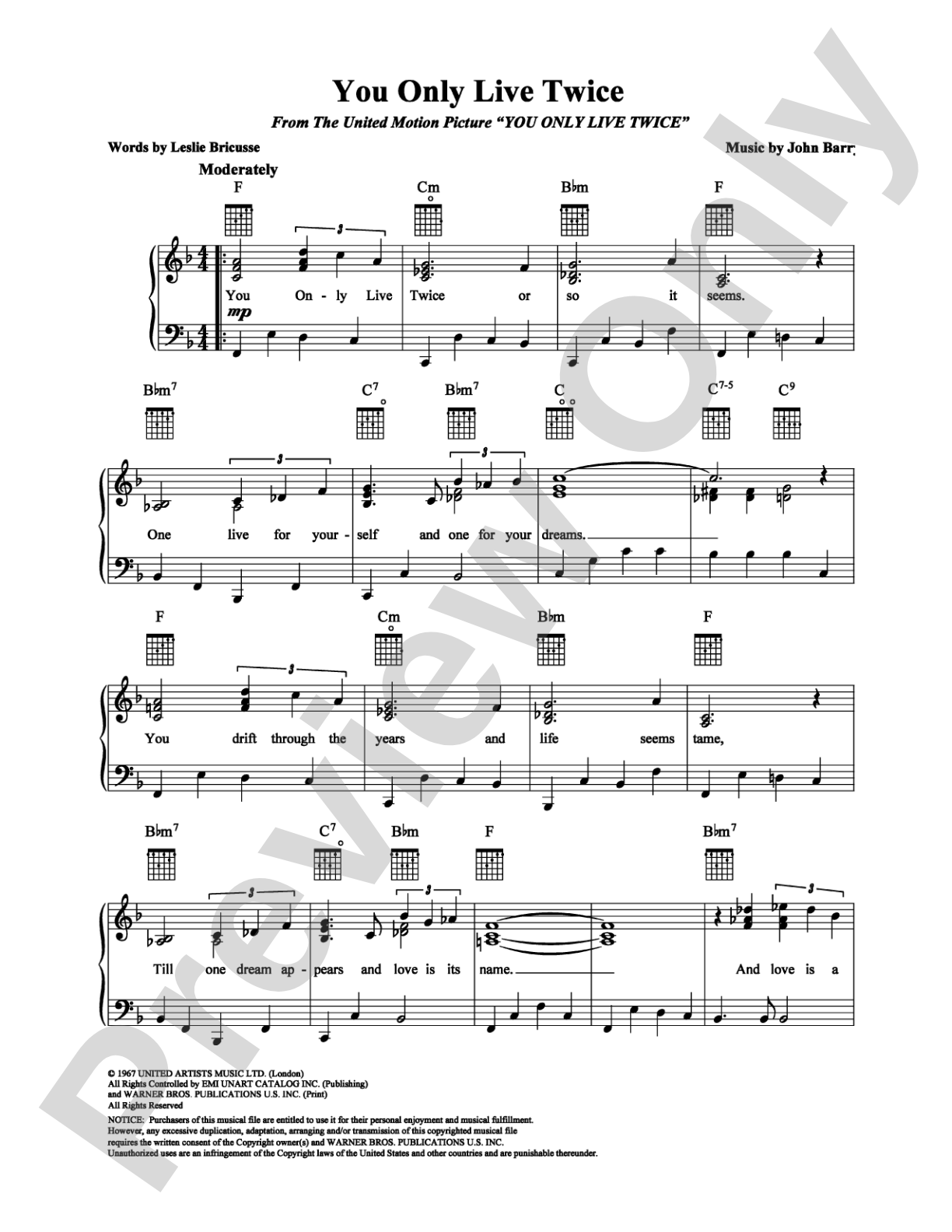 You Only Live Twice: Piano/Vocal/Chords Digital Sheet Music