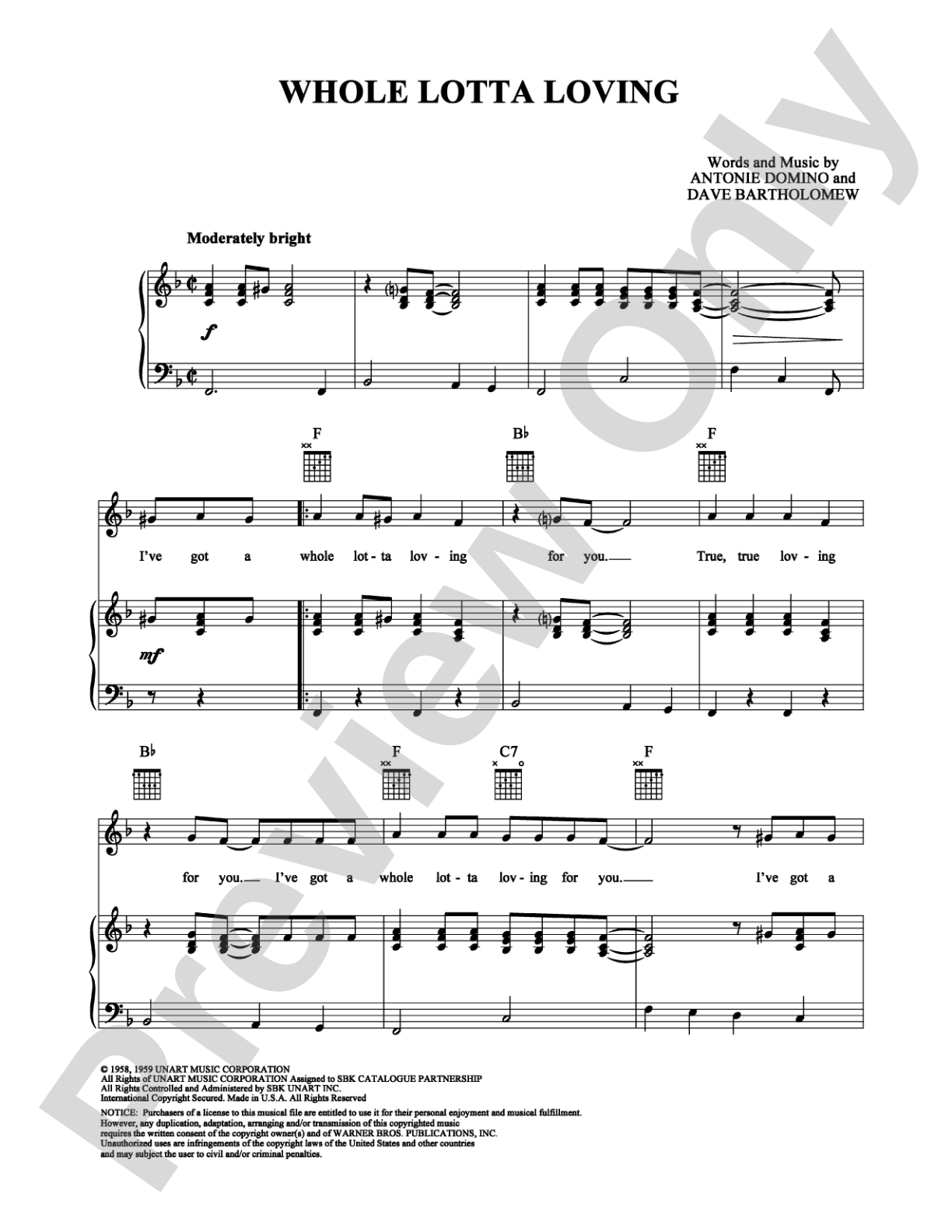Whole Lotta Loving: Piano/Vocal/Chords Digital Sheet Music