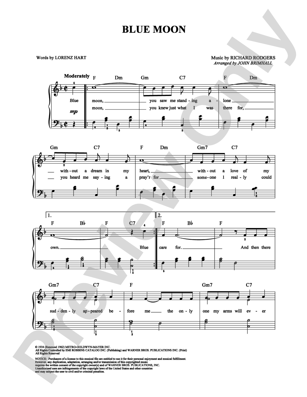 Blue Moon: Easy Piano Digital Sheet Music